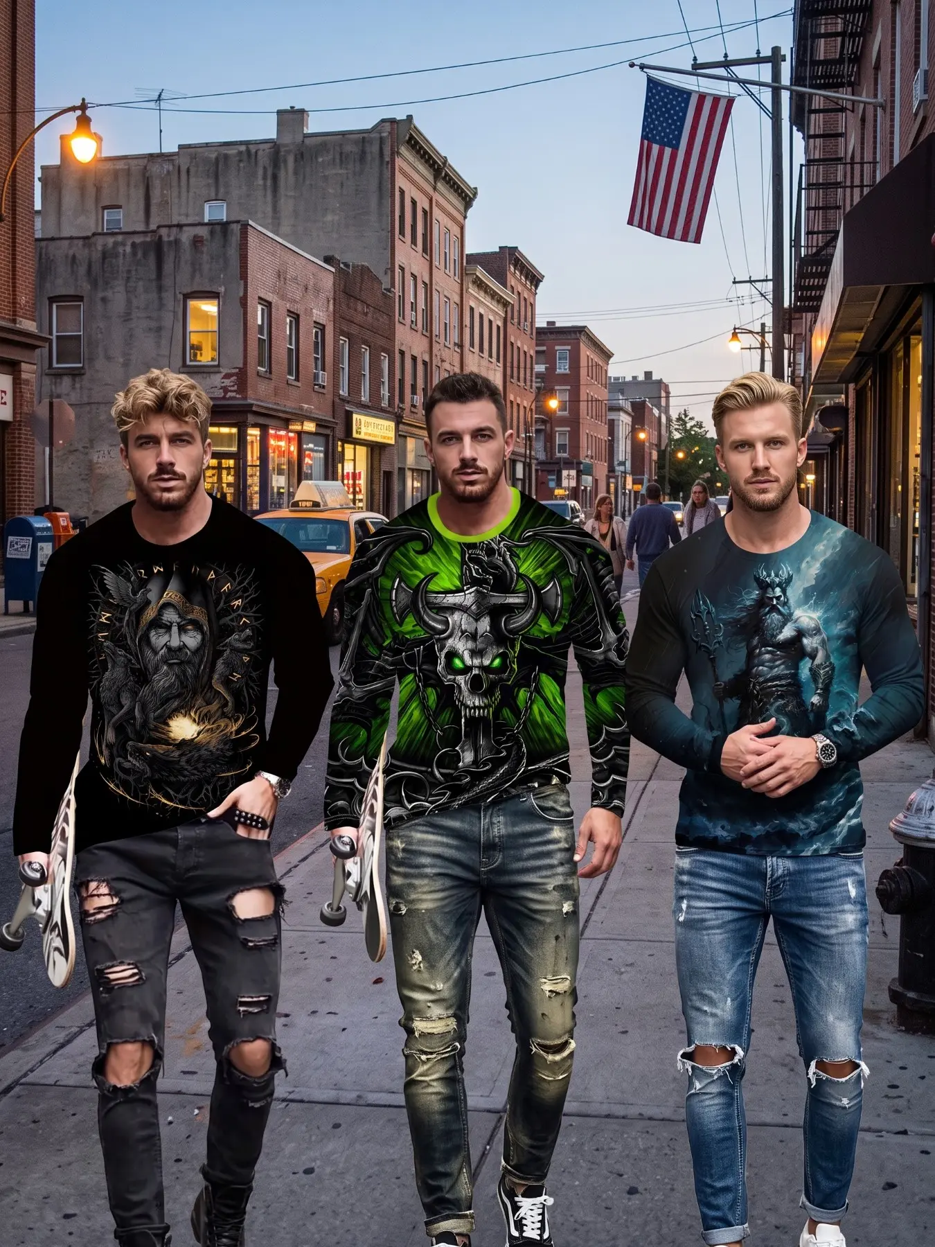 3-Pack Men's Norse Viking Mythology Long Sleeve T-Shirts, Odin God, Flame Skull, Poseidon Pattern, Casual Streetwear Top