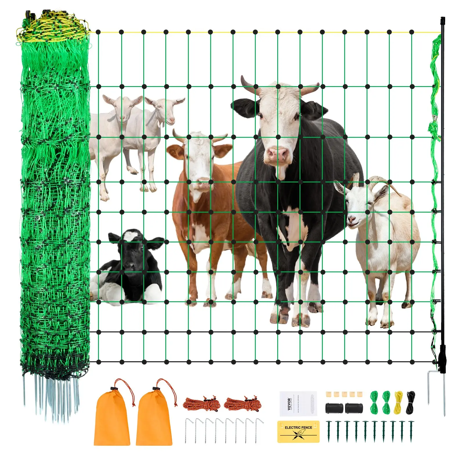 VEVOR Electric Fence Netting, 42 in (H)x 164 ft (L), PE Net Fencing with Posts Double-Spiked Stakes, Utility Portable Electric Fence for Pigs, Cows, Sheep, Deer, Used in Backyards, Farms, Ranches