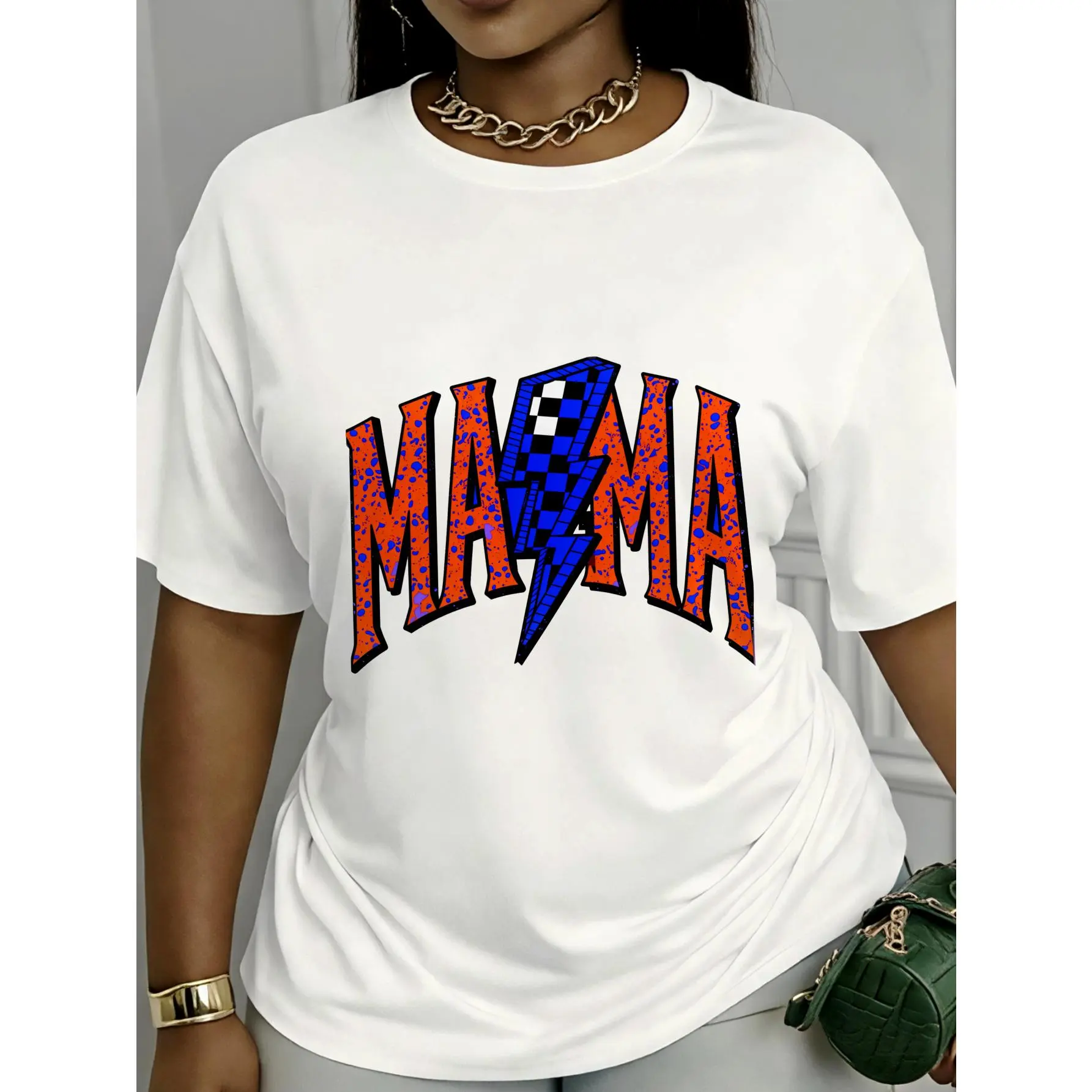 One 100%,, Comfortable And Soft T-shirt, Spring Summer Womens Clothing, Mama Lightning Bolt Graphic, Popular Printed with Fun Prints, Local Delivery