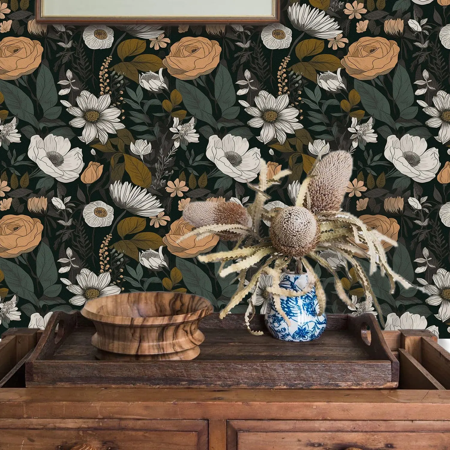 1Roll Moody Vintage Dark Floral Peel and Stick Wallpaper, Removable Black Botanical Wildflower Contact Paper, Waterproof Self Adhesive Boho Floral Wall Mural for Bedroom Accent Wall Cabinets Furniture Decor, No Residue Rent Friendly