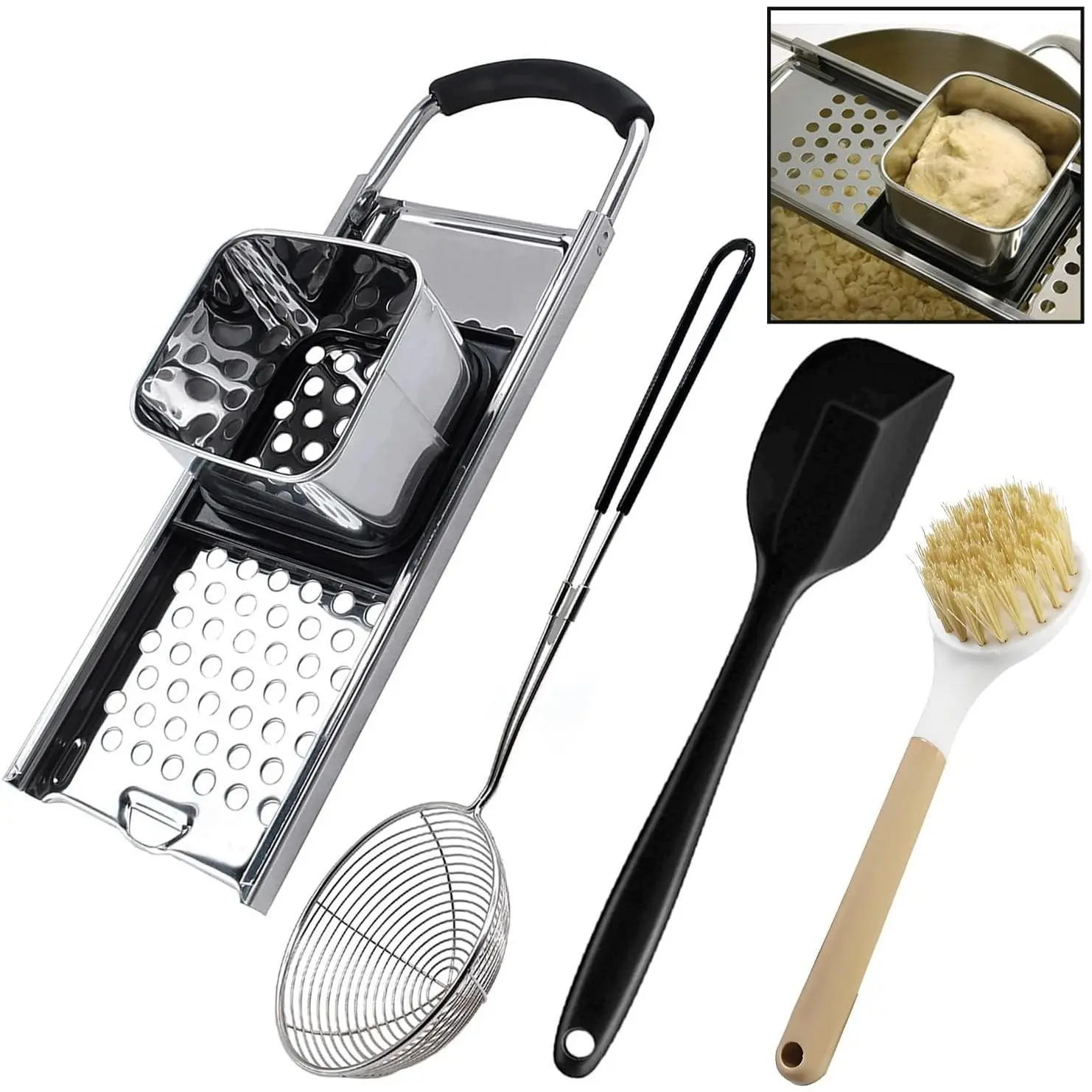 Premium Grade Stainless Steel Spaetzle Maker with Comfort Grip Handle, Stainless Steel Spider Strainer Skimmer Spoon with Cleaning Brush, Homemade German Egg Noodle Dumpling Making Tool Set