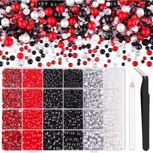 14000PCS Flatback Pearls and Rhinestones for Bedazzling Kit, Red White Black Mixed Size 3-10mm Resin Gems and Half Pearls for Crafting Nail Art Crafts Decoration