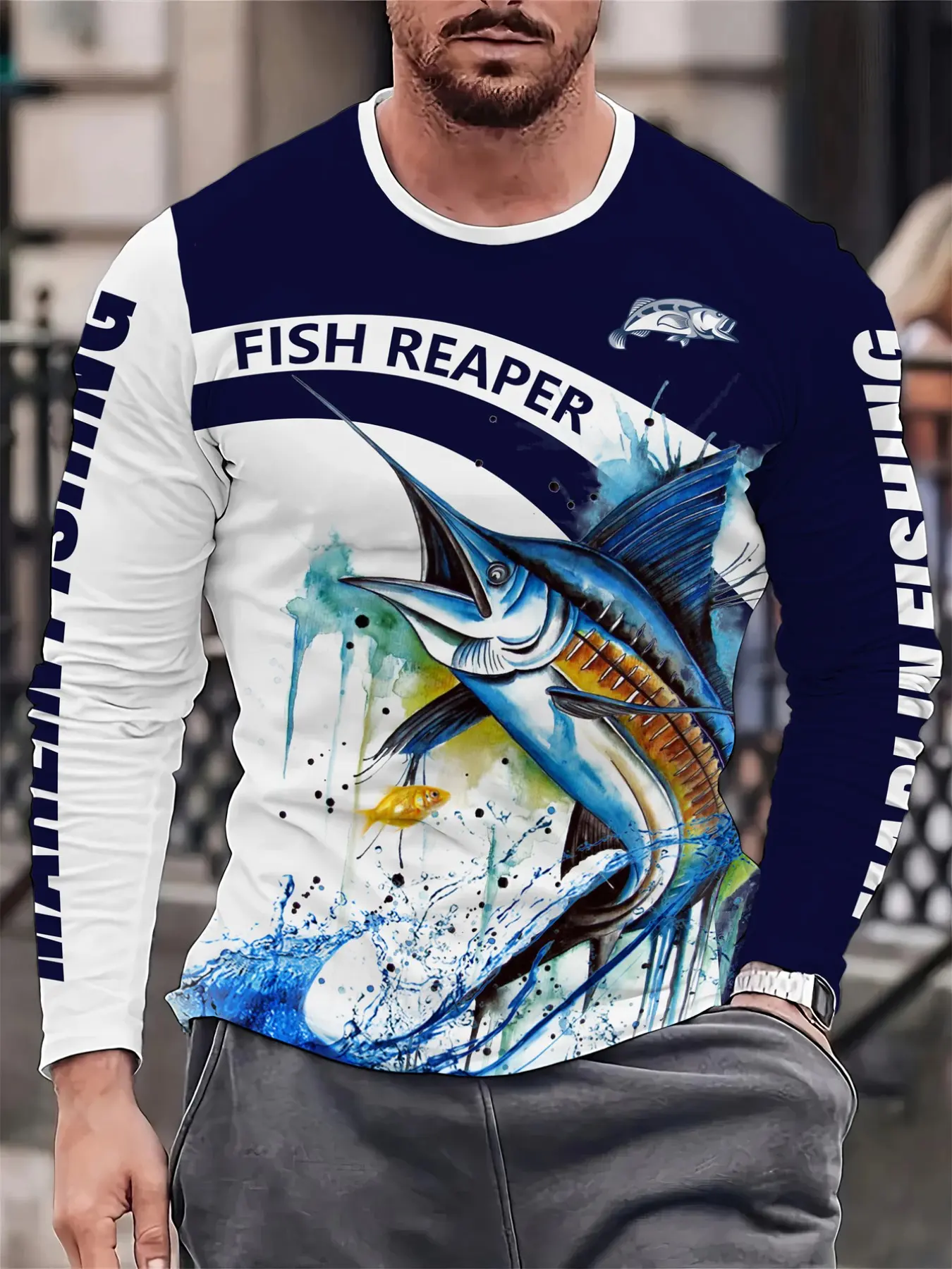 Men's Long Sleeve Graphic T-Shirt, Casual Fitted Top, Blue Colorblock Marlin Print, Spring Fall Wear, Daily, Sports Baselayer