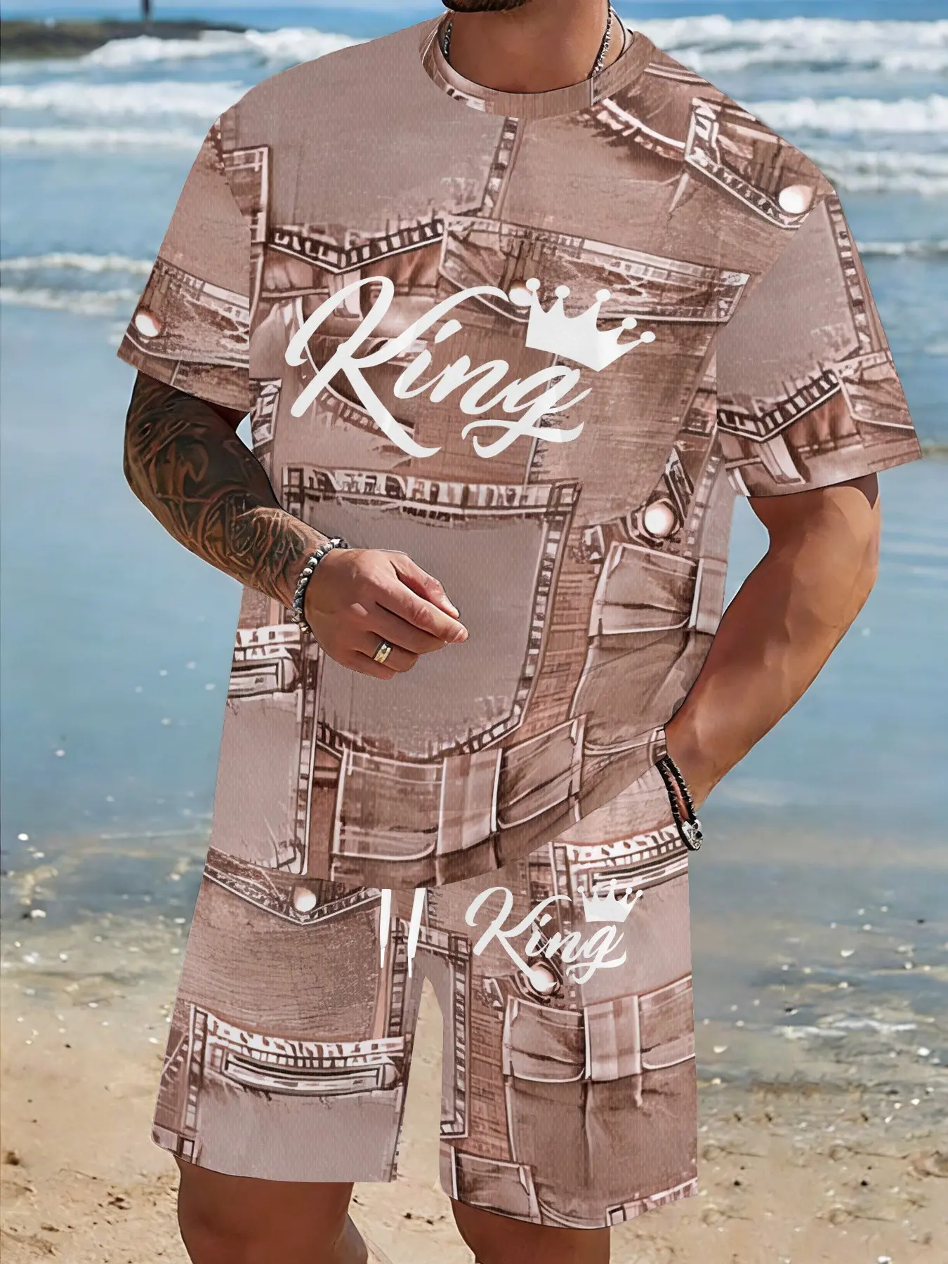 Men's 3D Faux Senim Pattern King Letter Print Short-sleeved Shirt and Drawstring Shorts, Summer Street Sportswear Set