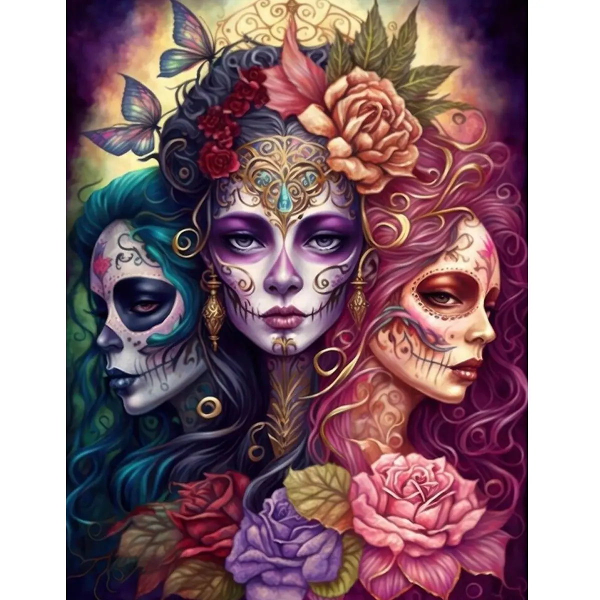 5D DIY Diamond Painting Day of the Dead Sugar Skull Women Roses Butterfly Full Round Drill Diamond Embroidery Kit Mexican Festival Home Wall Art Decor