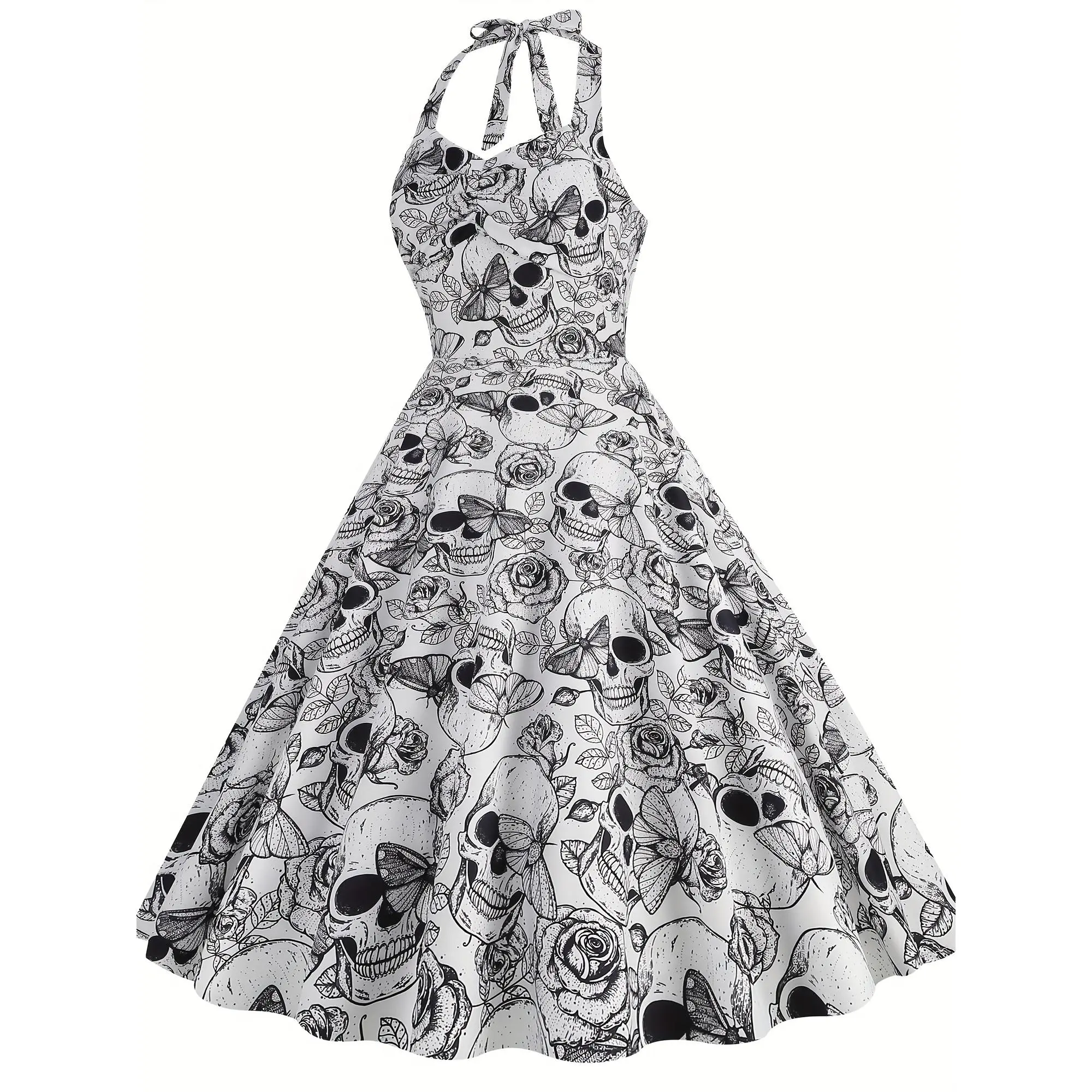 2026 Women's Vintage Hepburn Style Halloween Print Backless Strap Dress - A-line Flared Mid-length Sleeveless Party Dress, Skull and Floral Pattern, Spring/Summer/Autumn Apparel, Festive Outfit, Hepburn Style, Vibrant Digital Print