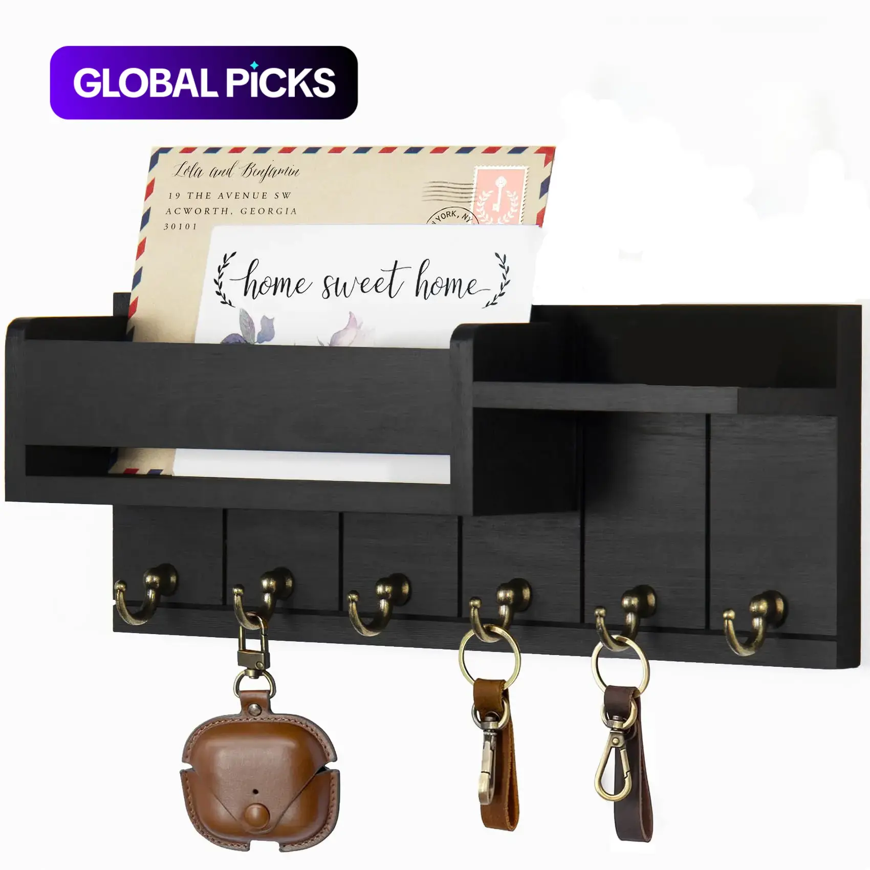Wall-Mounted Wooden Key Holder Shelf with 6 Key Hooks & Mail Sorter, Key Hanger Wall Mount, Home Organizer for Entryway & Living Room, Wooden Wall Rack #GLOBAL PICKS