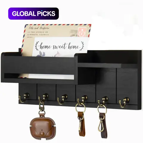 Wall-Mounted Wooden Key Holder Shelf with 6 Key Hooks & Mail Sorter, Key Hanger Wall Mount, Home Organizer for Entryway & Living Room, Wooden Wall Rack #GLOBAL PICKS
