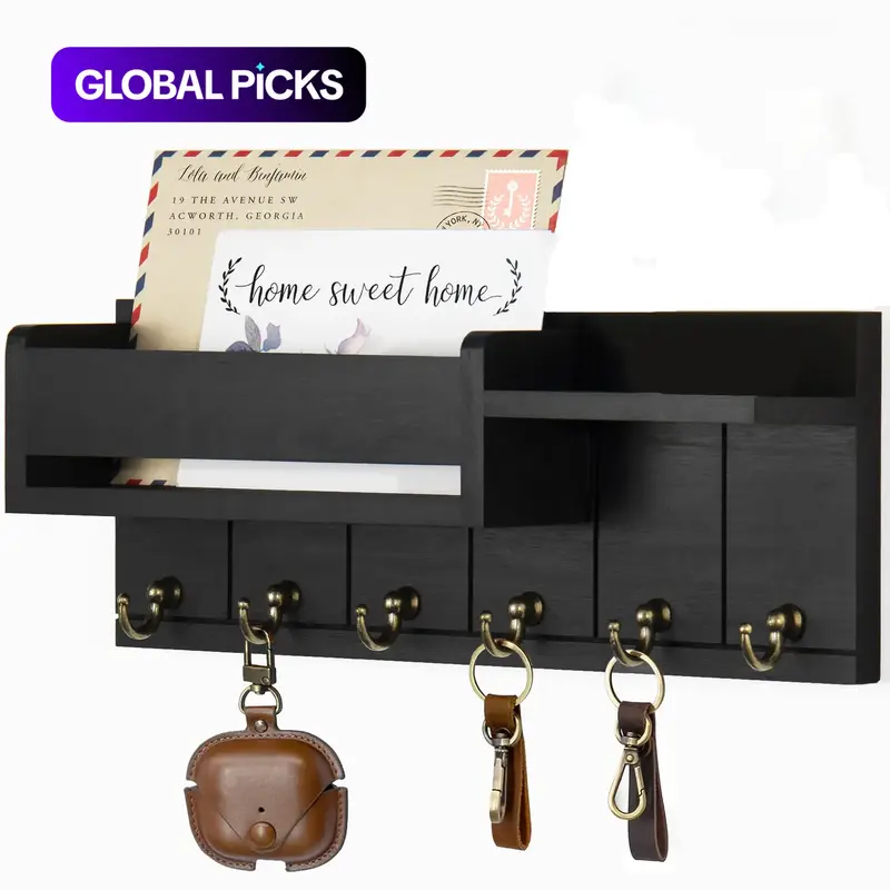 Wall-Mounted Wooden Key Holder Shelf with 6 Key Hooks & Mail Sorter, Key Hanger Wall Mount, Home Organizer for Entryway & Living Room, Wooden Wall Rack #GLOBAL PICKS
