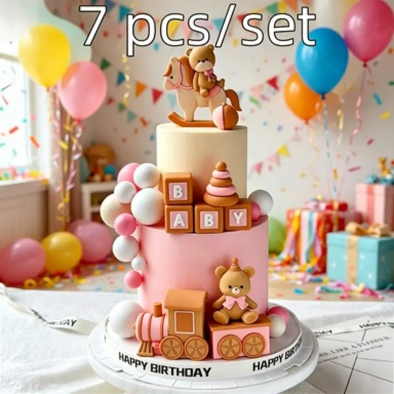 7 Pcs Multi-Style Neutral Themed Cake Decoration Ornament Set, Featuring Bear, Rocking Horse and Letter Blocks, Great for House Party, Welcome Banquet and Custom Celebration Cake Styling