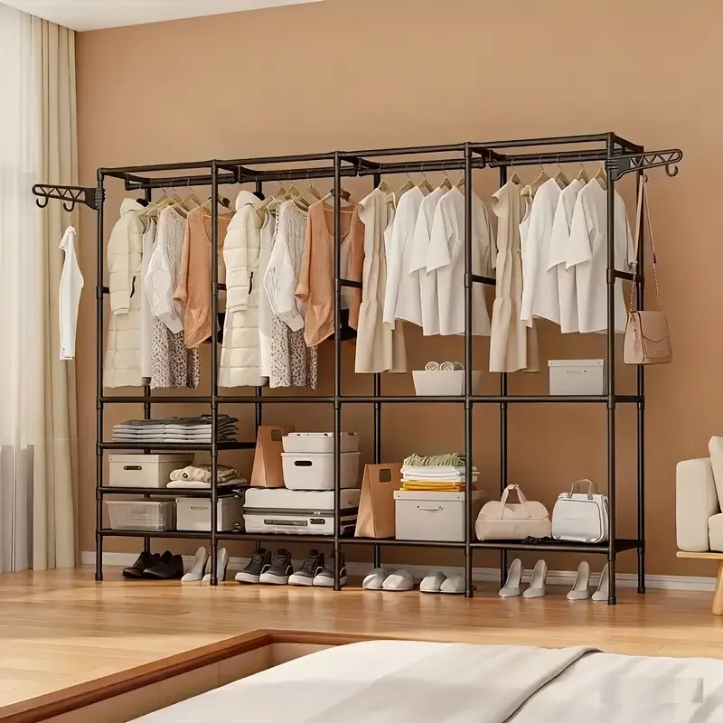 Heavy Duty Freestanding Garment Rack, Multi-Functional Portable Simple Clothes Wardrobe with Hanging Rod, Hat Hooks & Storage Shelves, Separate Design for Folded & Hanging Clothes, 330 Lbs Total Load Capacity, Easy to Assemble