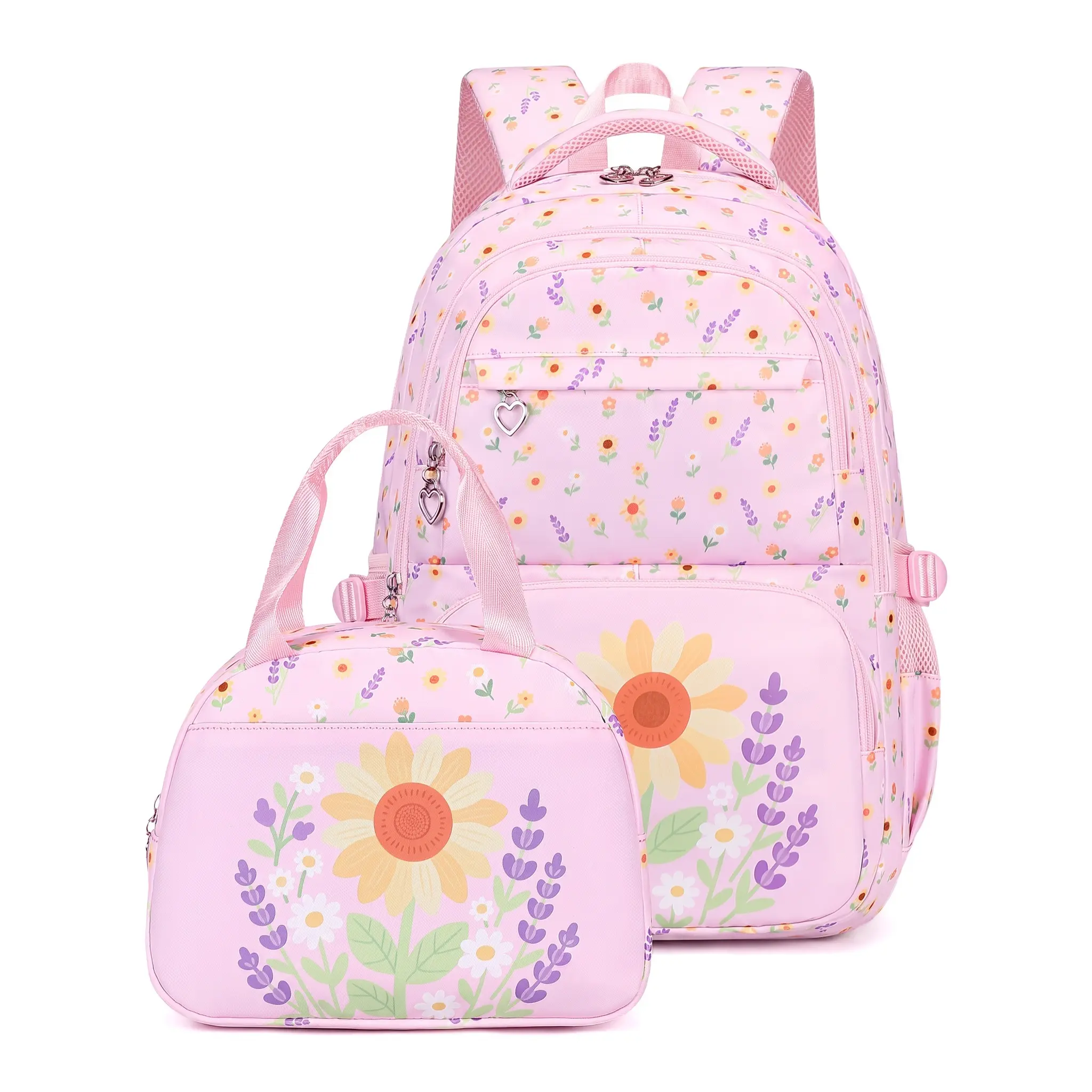 Girls' 3PC Cute Sunflower Backpack, Lightweight Nylon School Bag with Breathable Waterproof Material, Spine-Protecting Padded Straps & Large Capacity