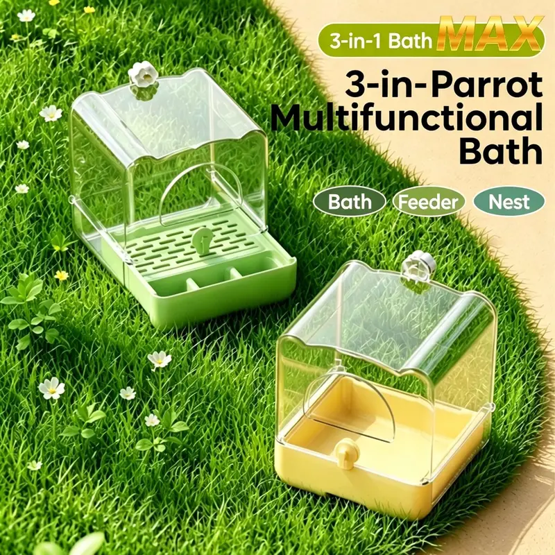 3-in-1 Bird Bath & Feeder Station | No-Splash Parrot Shower Box | Multi-Function Cage Accessories for Budgie, Parakeet & Cockatiel | Easy Clean Bird Bath & Feeding House Supplies