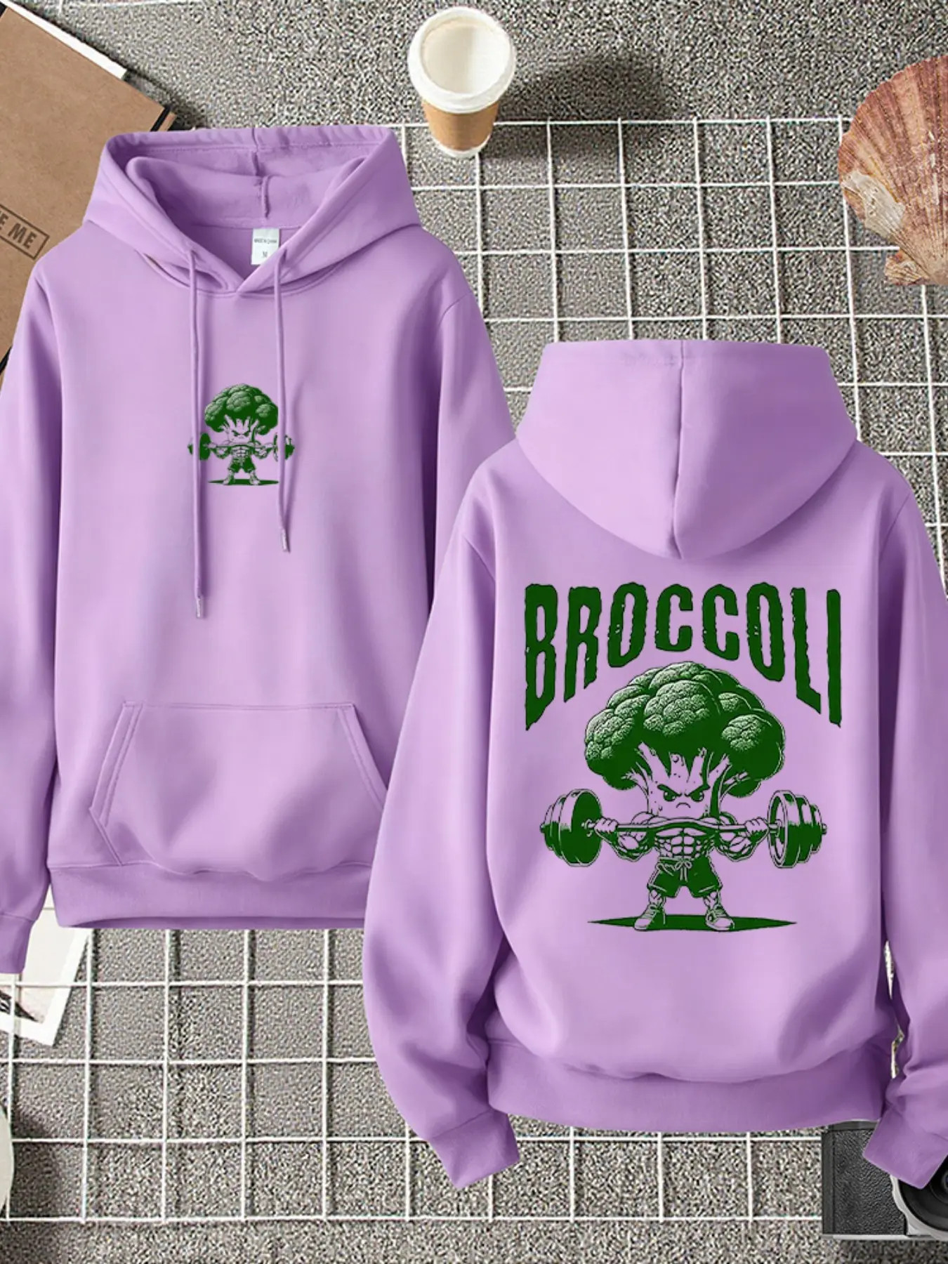 Autumn Winter Broccoli Weightlifting Cartoon Print Hoodie, Soft Casual Drop Shoulder Long Sleeve Top, Comfortable Streetwear for All Seasons
