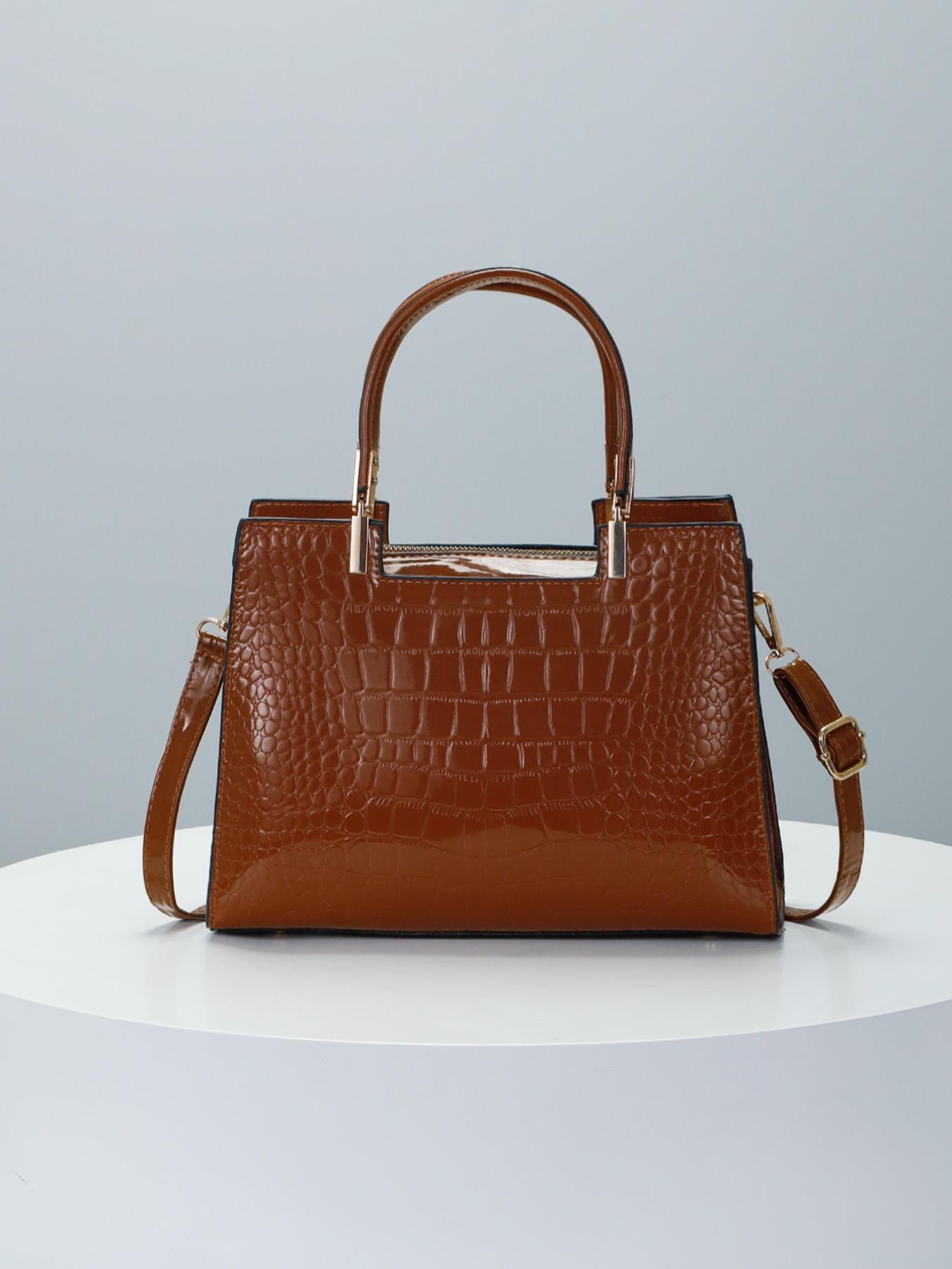 Women's PU Crocodile Embossed Square Handbag As Gift, Fashion Letter Label Classic Tote Bag for Work & Office, Elegant Matching Crossbody Bag As Gift for Wife