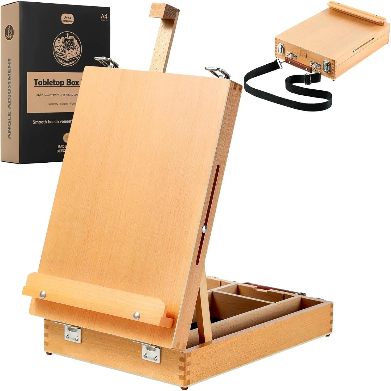 Beechwood Tabletop Easel for Painting, Portable Easel with Shoulder Strap | Upgraded Art Easel with Built-In Sketchbox Storage, Adjustable Angle, Desktop Drawing Easel for Sketching & Canvas Painting