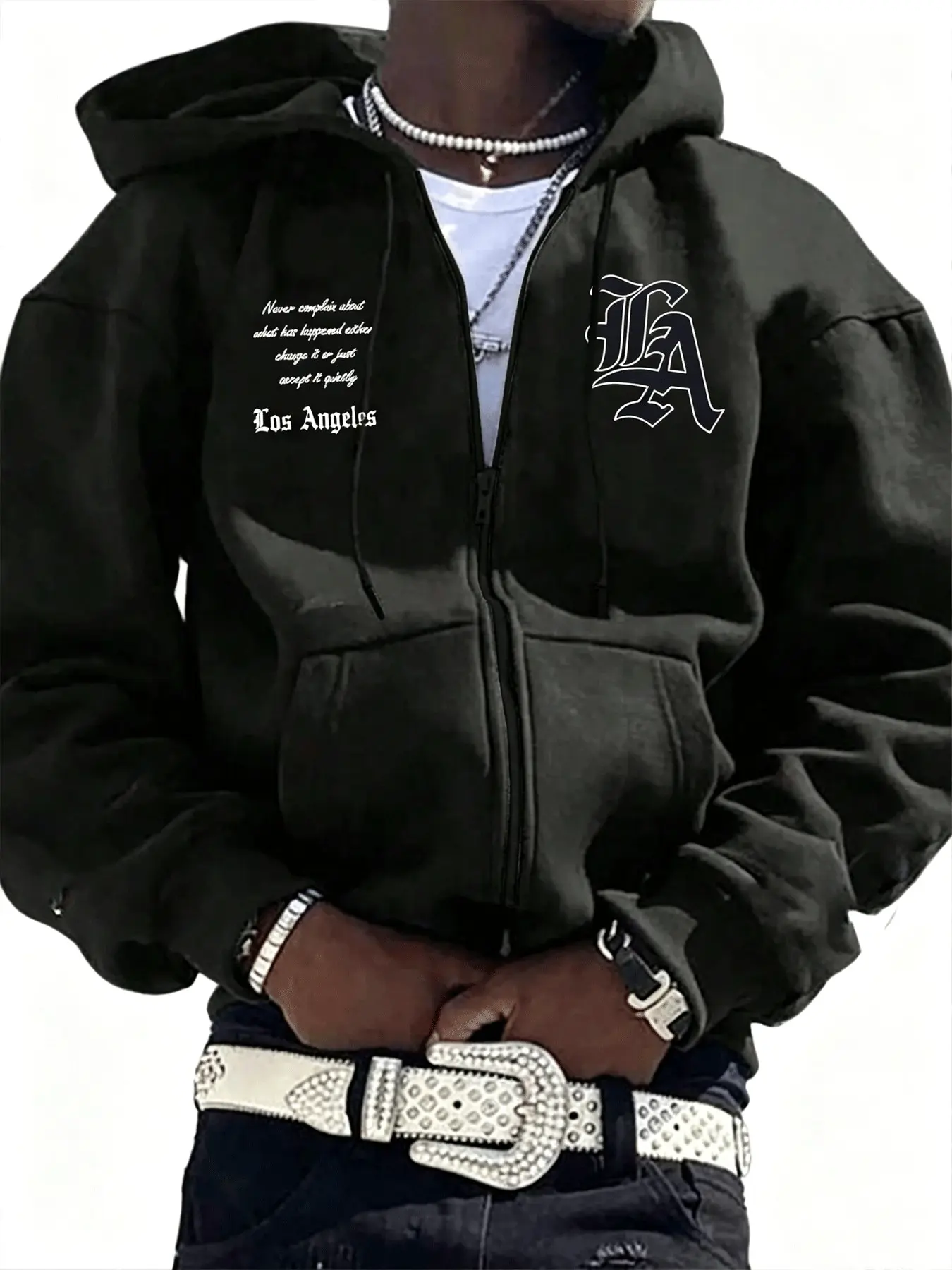 Men's Black Full Zip Hoodie Jacket, Gothic LA Logo & Los Angeles Quote Script Print Oversized Loose West Coast Y2K Streetwear Zip Up Hooded Sweatshirt with Kangaroo Pocket for Men