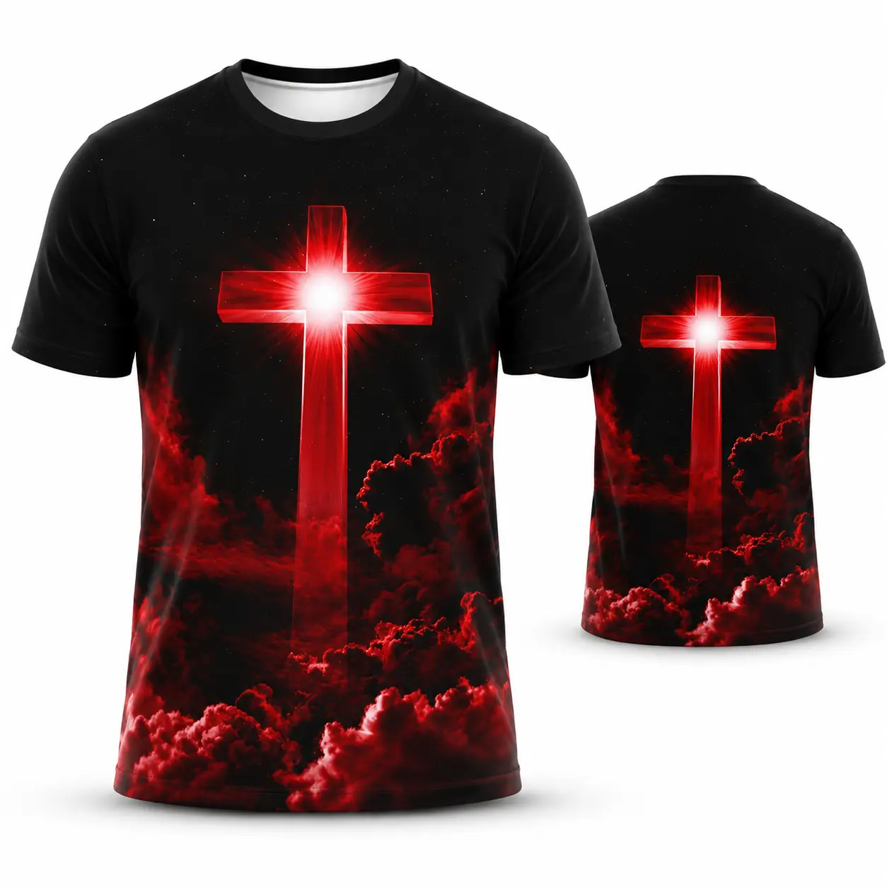 Men's Christian Cross Graphic T-Shirt, Red Light Jesus Faith Print Tee, Black Short Sleeve Crew Neck Shirt for Men, Oversized Casual Summer Top, Church Worship Outfit, Religious Streetwear, Prayer Gift, Inspirational Christian Apparel Daily Wear