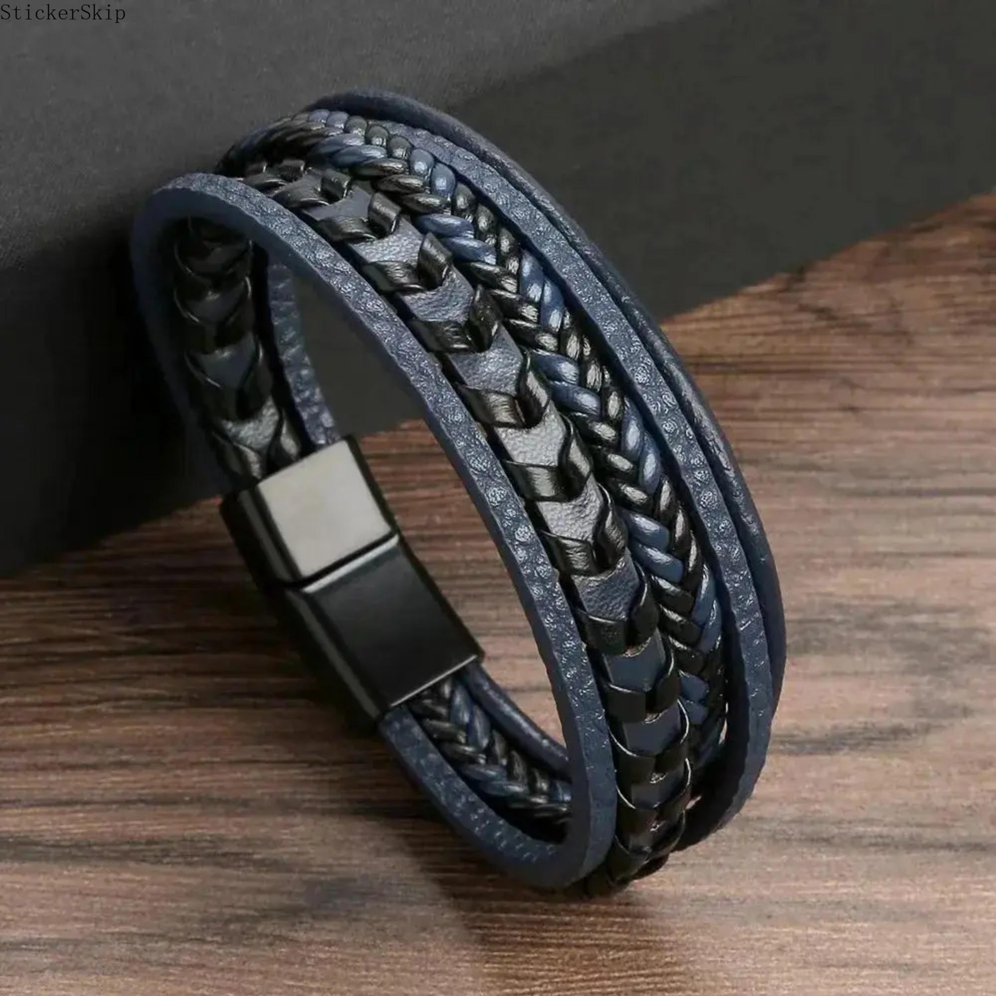 2026 NEN 3-Pack Trendy Men's Multi-Layer Bracelets - Alloy Magnetic Buckle Retro Leather Rope Braided Bracelets, Fashion Dressing Accessories