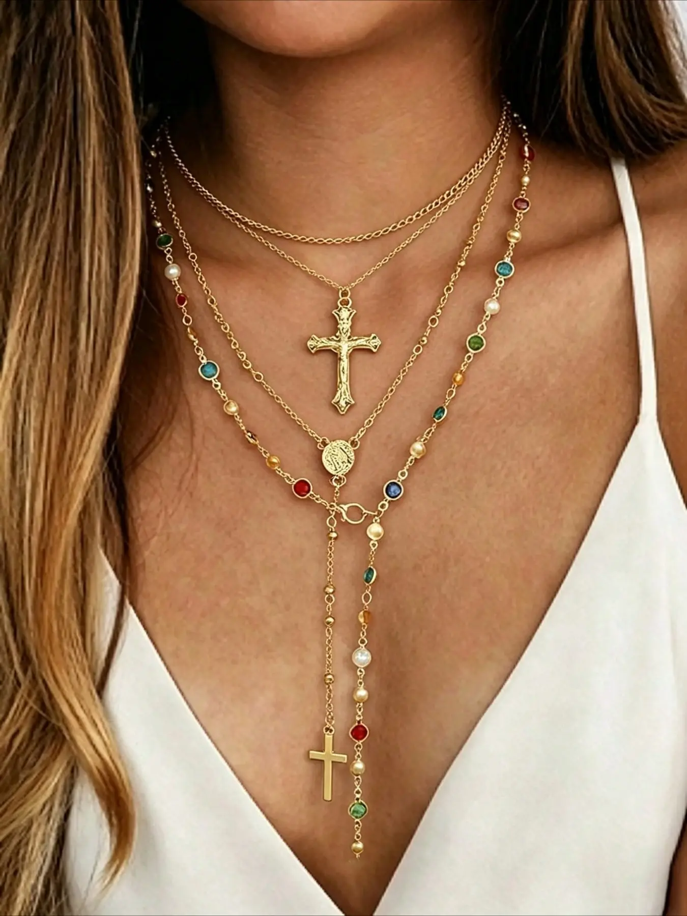 4-Piece Vintage Elegant Hip-Hop Cross Pendant Necklace Set, Bling Colorful Plastic Gem Lockbone Chain, Summer Party Jewelry for Women