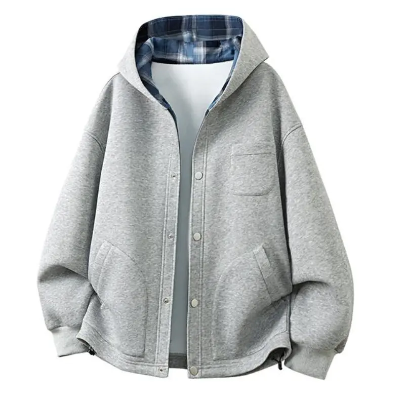 Men's Hooded Button Front Jacket, Plaid Lining, Chest Pocket & Side Patch Pockets, Ribbed Cuffs Hem Drawstring Detail, Casual Fashion Long Sleeve Outerwear for City Walking Weekend Gathering
