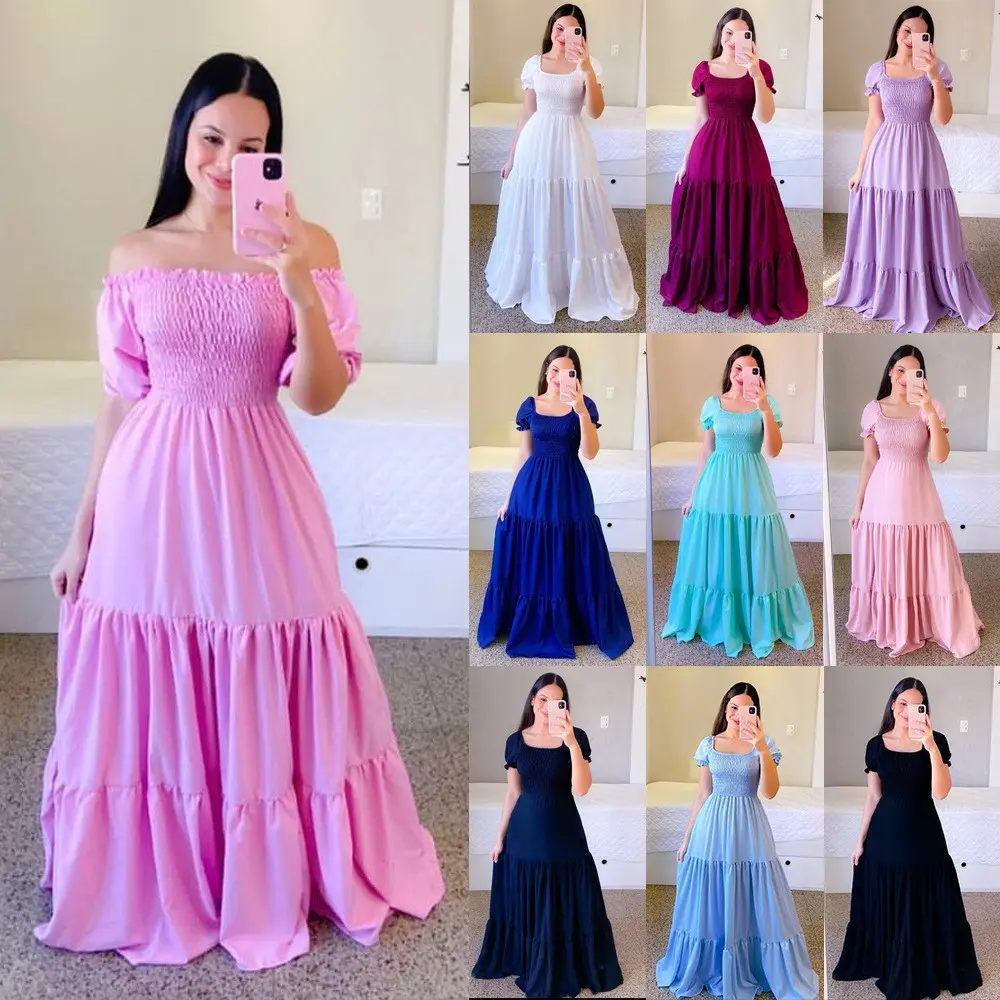 Square Neck Ruffle Cap Puff Sleeve Elastic Smocked Bust Multi Layer Tiered Swing Flowy Long Vacation Maxi Dress For Women