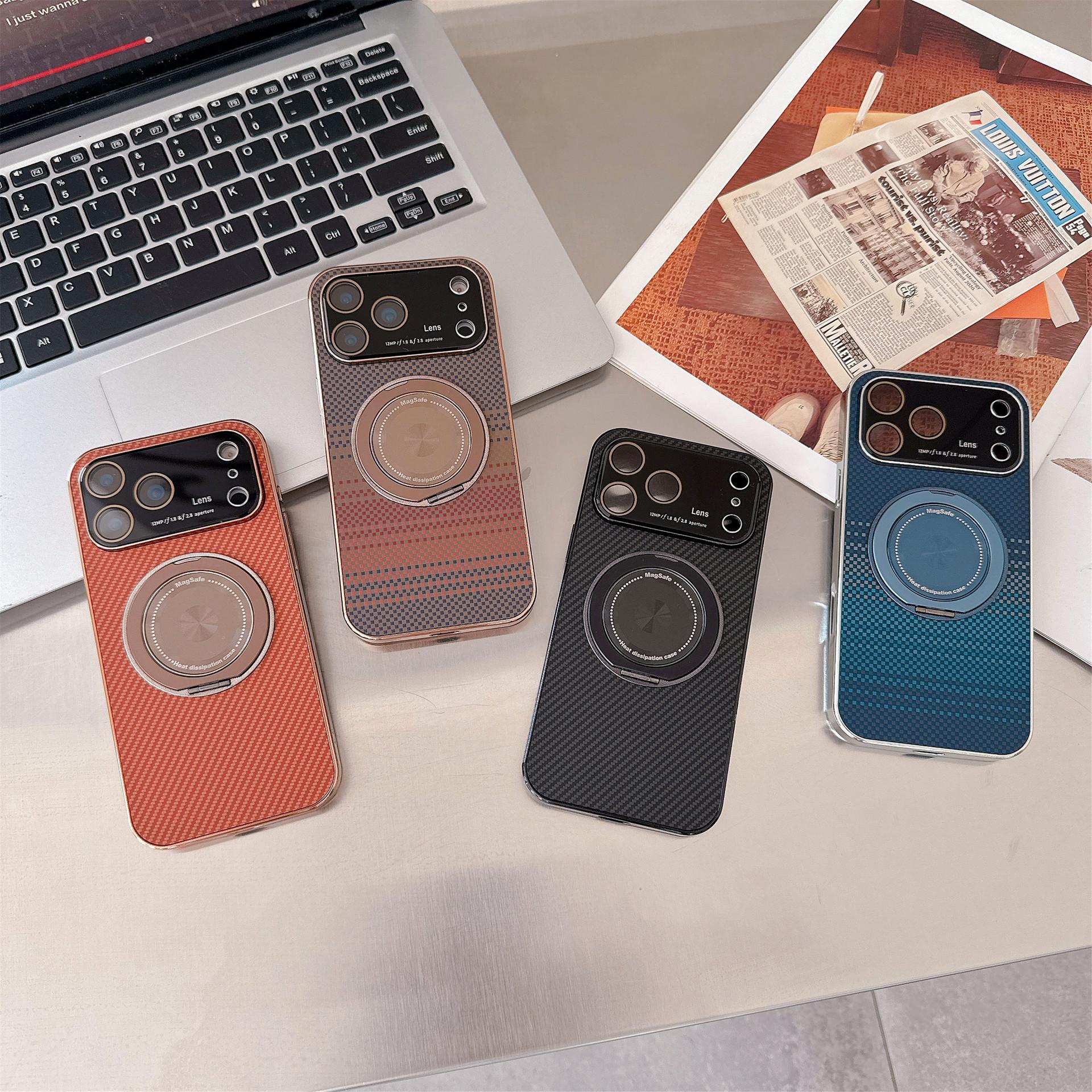 Suitable for iPhone 17 Magnetic Phone Case Rotating Stand iPhone 16 Pro Max Large Window Electroplated Fiber Texture