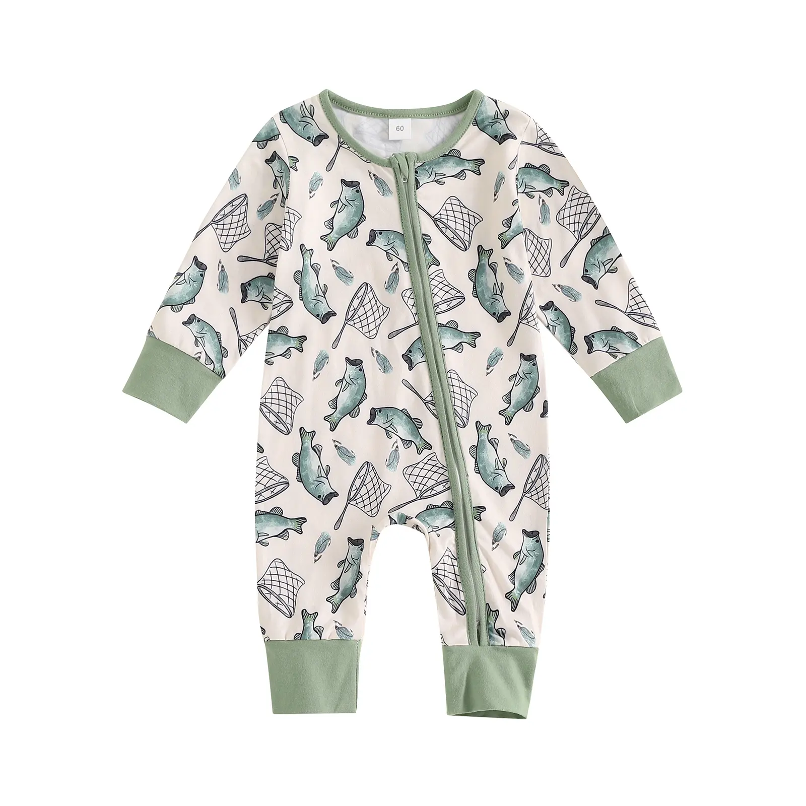 Newborn Baby Boy Girl Fishing Outfit Long Sleeve Zipper Fish Print Romper Jumpsuit Infant Clothes
