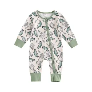 Newborn Baby Boy Girl Fishing Outfit Long Sleeve Zipper Fish Print Romper Jumpsuit Infant Clothes