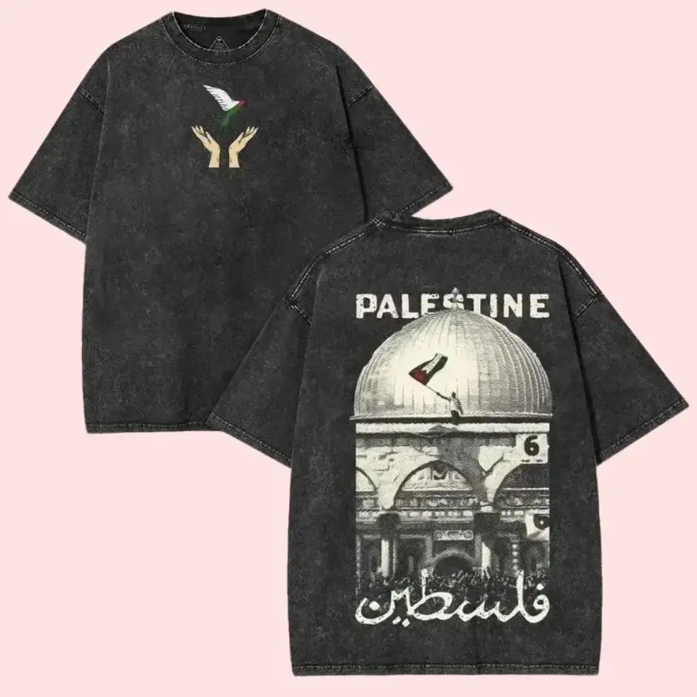 Men's Palestine Freedom Classic Baggy Oversized Round Neck Short Sleeve Heavy Cotton Fabric T-Shirt - Double-Sided Washed Hope & Solidarity Graphic, Retro Menswear Loose Casual Top, Limited Drop Unisex Streetwear For Youth Summer Festival Outfits, Breatha