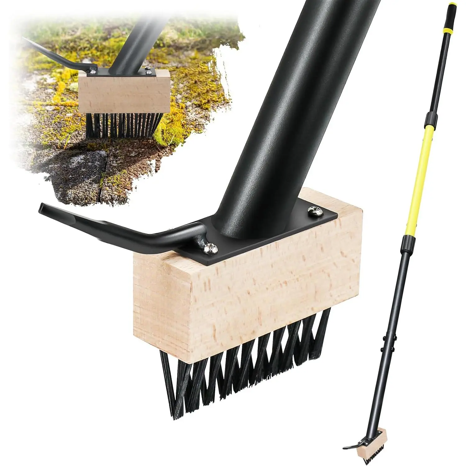 Weed Moss Remover Brush with 59'' Carbon Steel Long Handle, Heavy Duty Moss Removal Tool with Scraper, Metal Brush Weeder Tool for Driveway, Patio, Sidewalk, Paver
