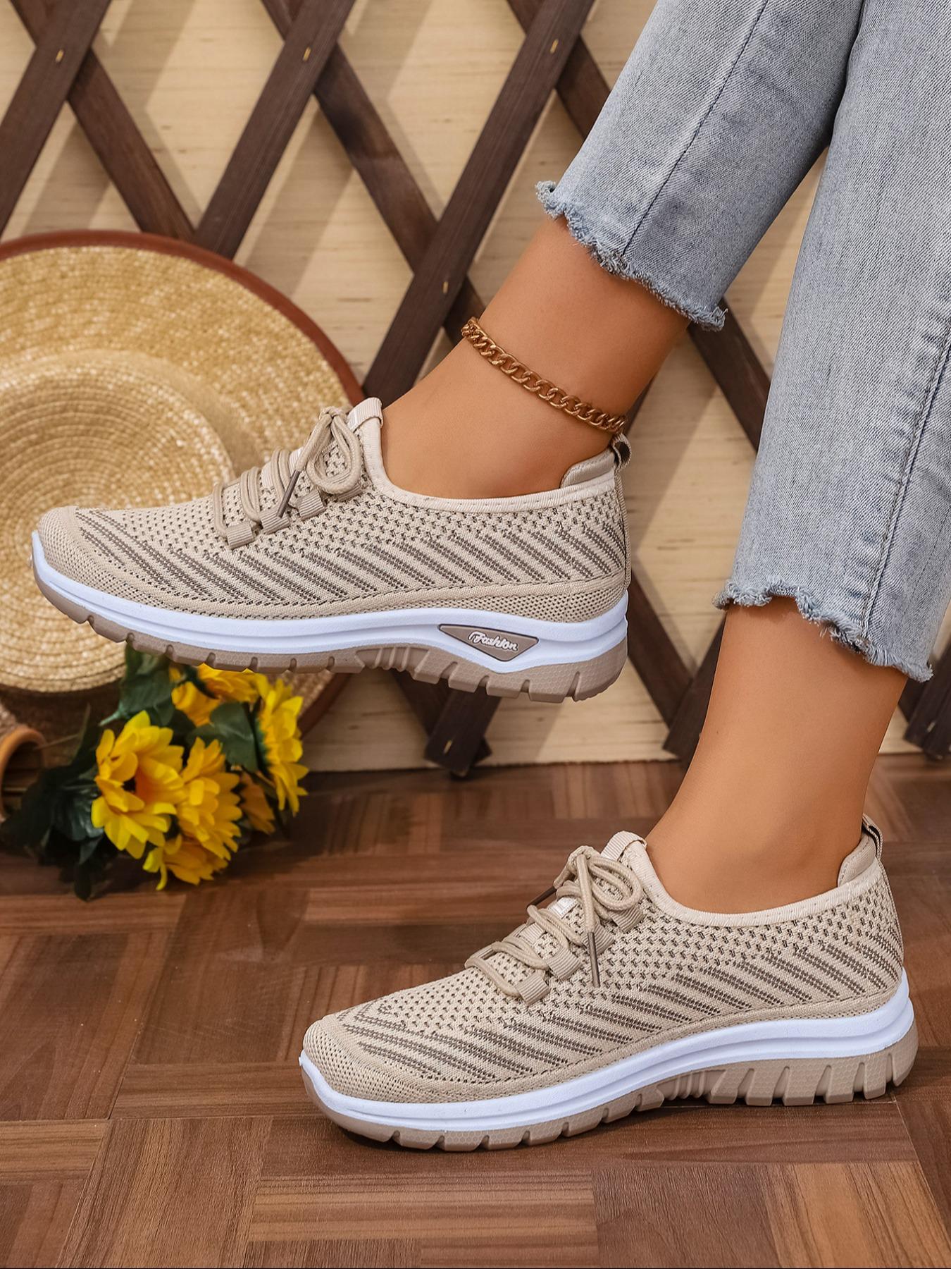 Women's Plus Size Casual Sneakers, Knitted Running Shoes, Lightweight Comfortable Travel Running Shoes, Low Top Anti-Slip Lace-Up Sports Shoes for Outdoor Activities