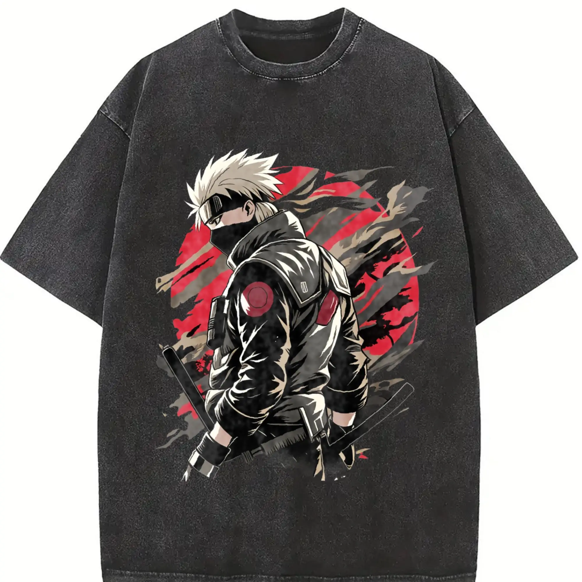 Menswear ANBU Kakashi Naruto Double Printed Vintage Washed Short-Sleeve Oversized Heavyweight Cotton T-Shirt, Unisex Streetwear Top for Anime Fans