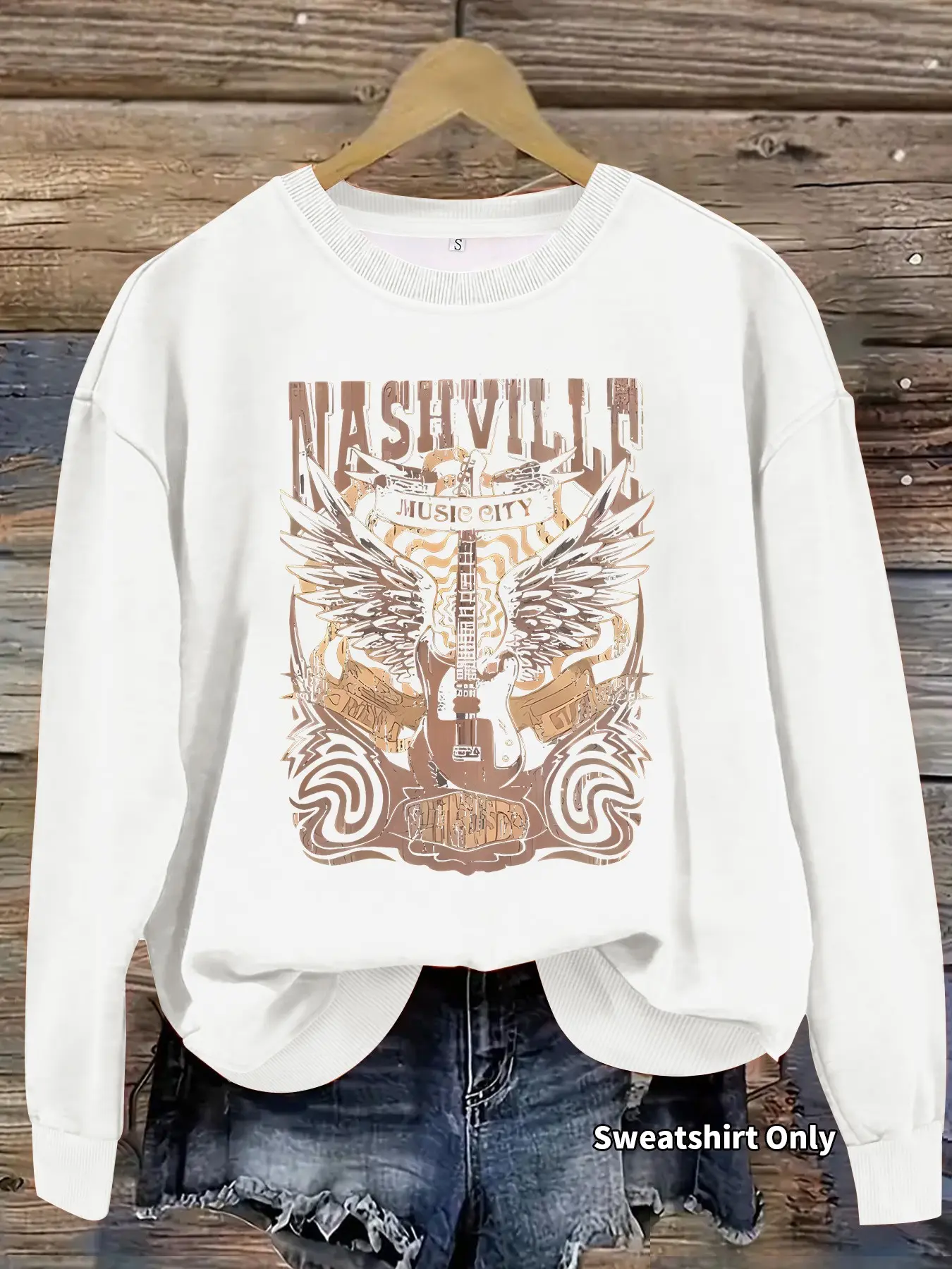 Women's Casual Nashville Guitar Wings Graphic Pullover, Soft Long Sleeve Round Neck Sweatshirt, All-Season Comfort