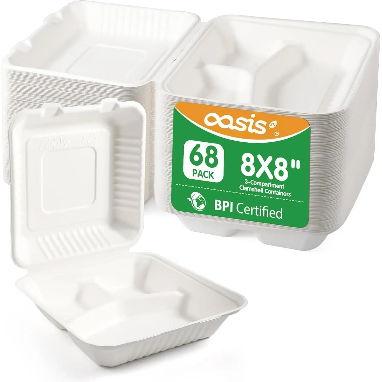 68-Pack 8×8in 3-Compartment Clamshell Takeout Containers, 100% Compostable Heavy-Duty Disposable Paper Lunch Boxes, White, Lunch Box, Three-Compartment