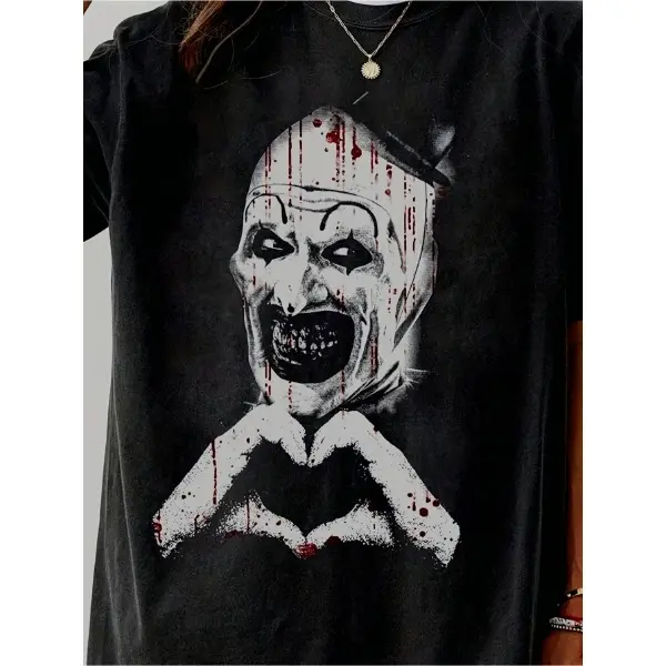 Art the Clown Terrifier Streetwear T-Shirt - Men's Top, Single-Side Black Heart Hands Graphic, Casual Short-Sleeve Horror Movie Tee (Suitable for Women), Tshirt, Shortsleeve, Foldable, Casual Fit, Loose-Fit, Horror Graphic