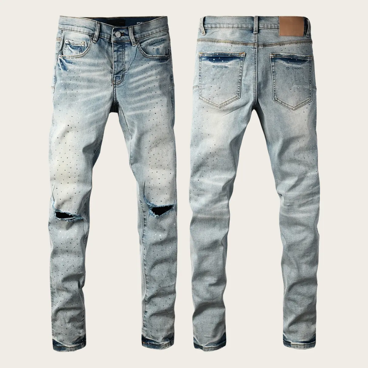 Mens Y2K Vintage Luxury Designer Stacked Jeans Trend Vintage Washed Knee Ripped Paint Splash Slim Tapered Cuff Stretch Denim New Tags US Sizes 28-40