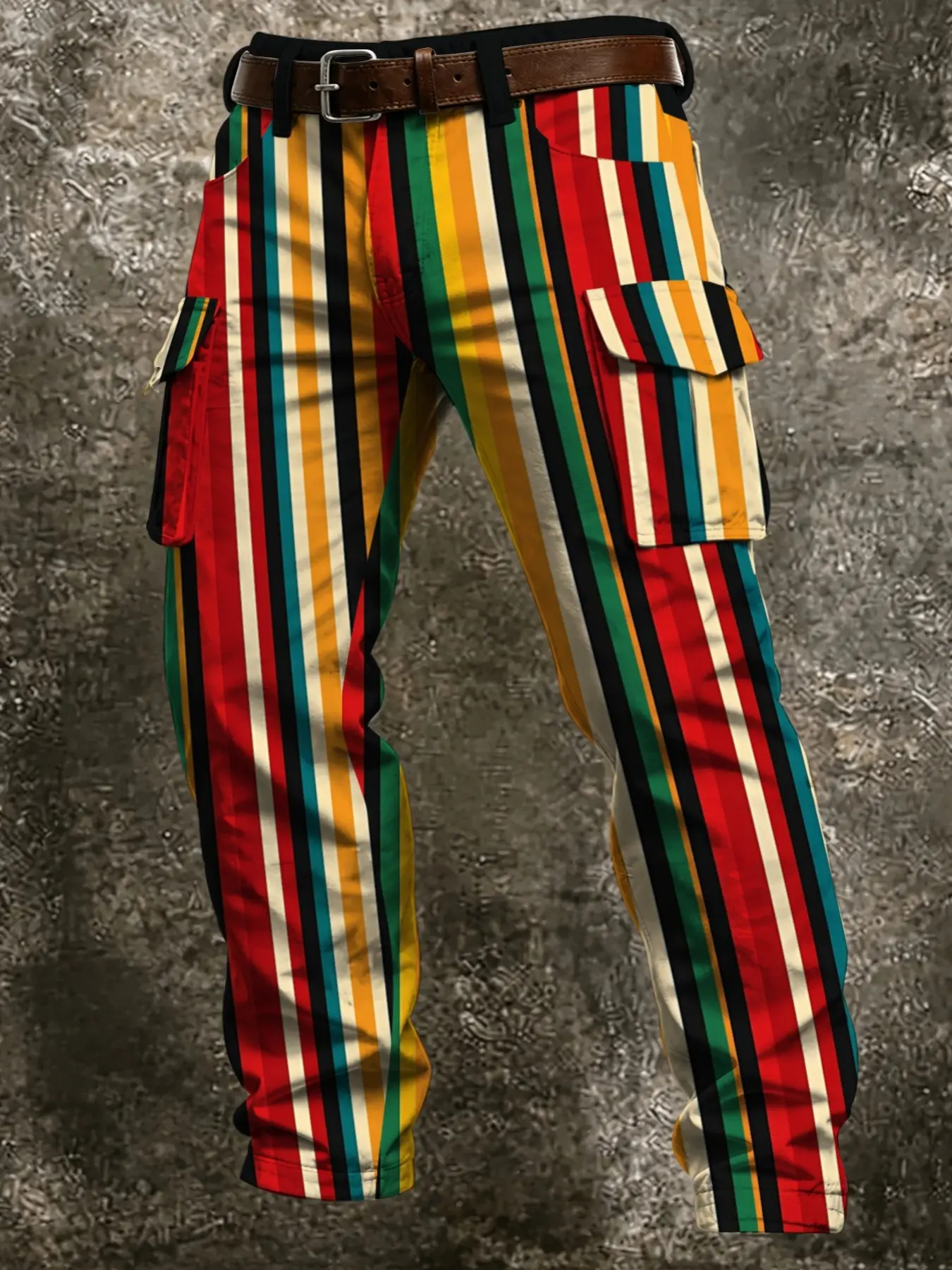 Men's Colorful Vertical Stripe Printed Multi-Pocket Cargo Pants, Fitted Streetwear Casual Long Trousers, All Seasons Fashion