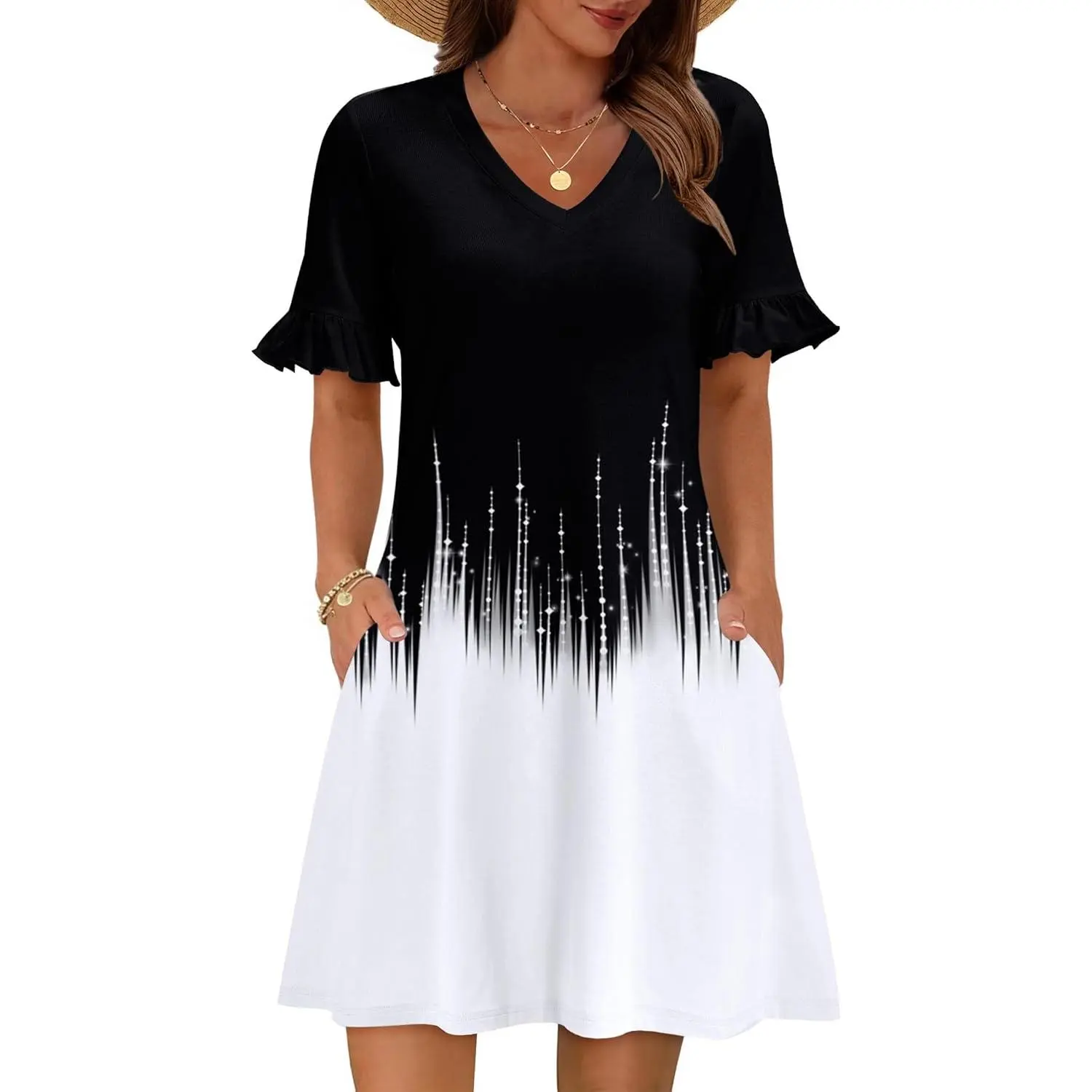 Summer Casual Dresses for Women A Line Sun Dress Ruffle Short Sleeve V Neck Floral Tshirt Dress with Pockets