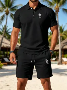 Men's Quick Dry Polo Short Sleeve & Drawstring Shorts 2 Piece Outfit, Minimal Coconut Tree Print Summer Beach Co-ord Set, Breathable Casual Vacation Streetwear Tracksuit #BeachCoOrdSet #PoloShirtSet #SummerVacationOutfit #TropicalStreetStyle #TikTokMadeMe