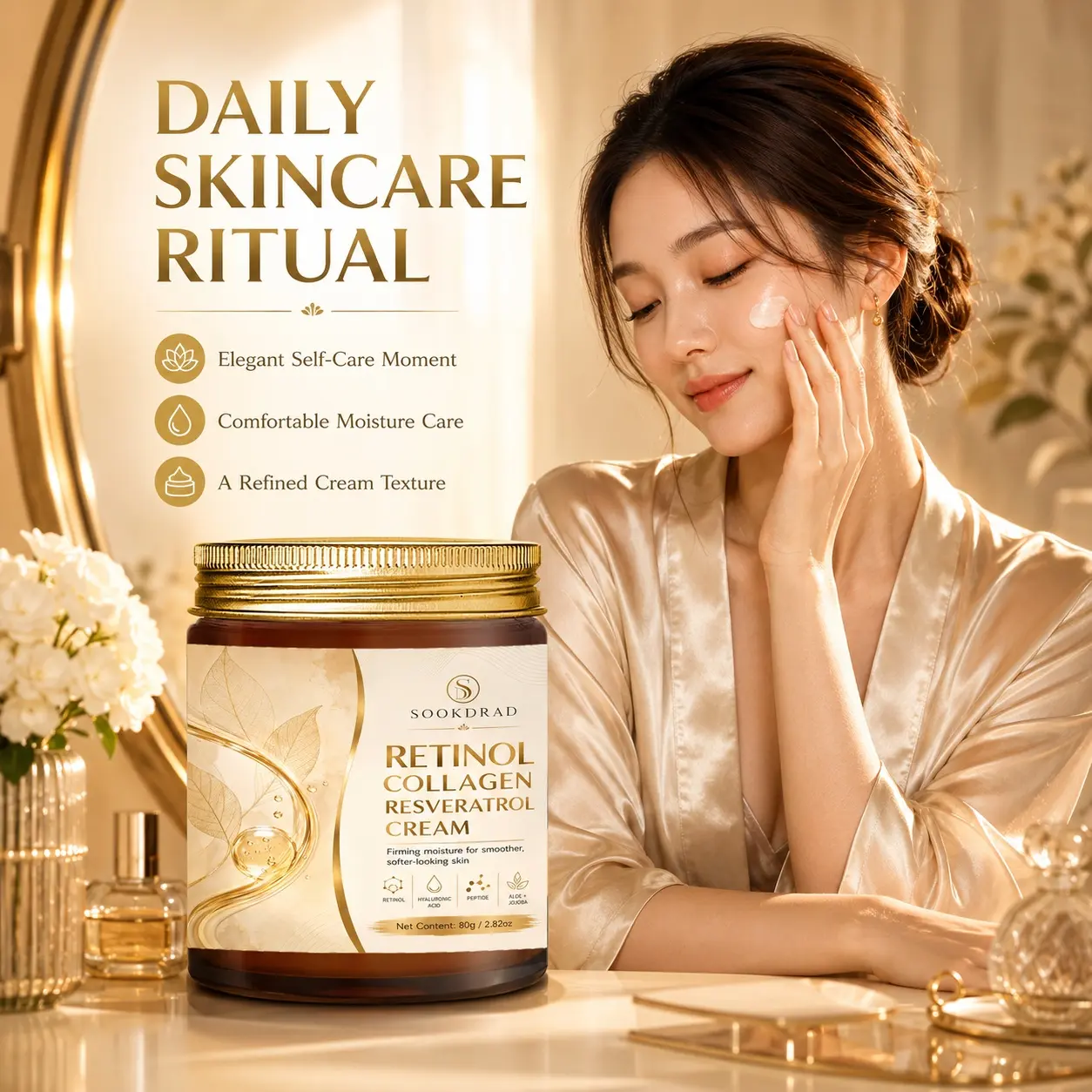 Retinol Collagen Resveratrol Cream, Retinol, Hyaluronic Acid, Peptide, Aloe, Jojoba, Firming, Moisturizing, Smoother Skin, Softer Skin, 80g