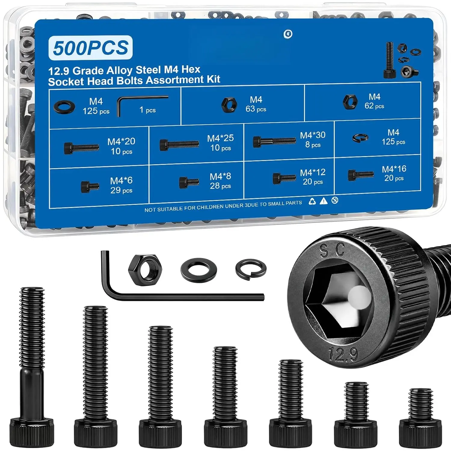 500 count M4 Screw Hex Socket  Cap Bolt Kit M4x6-30mm 12.9Alloy Steel | Black Zinc Plated Metric Allen Bolt with Nut Flat Spring Washer Allen Wrench  Hardware for DIY,  Printing Furniture