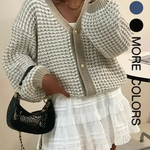 Women's V-Neck Long-Sleeve Sweater Cardigan, Knitwear Thick Knit Loose-Fit Colorblock Design, Casual Fashion Outerwear for Fall and Winter