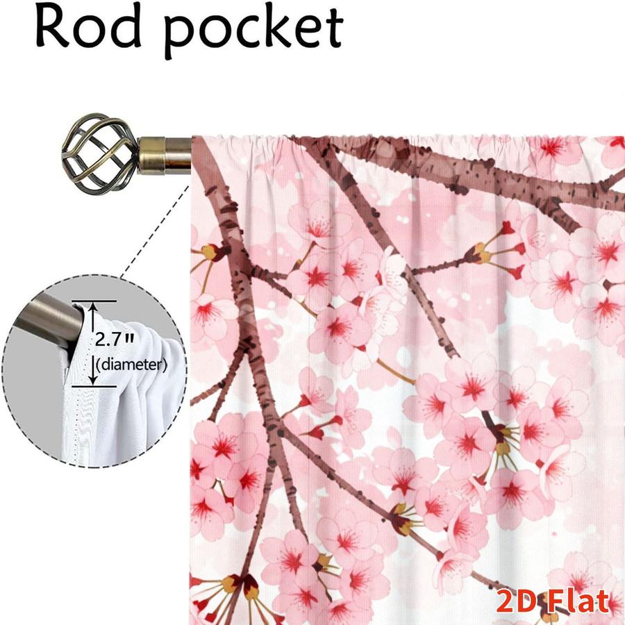 2Pcs Japanese Style Cherry Blossom Pink Floral Sun Blocking Curtains Digital Printed Rod Pocket, Window Treatment For Bedroom Office Kitchen Living Room Study Home Decor