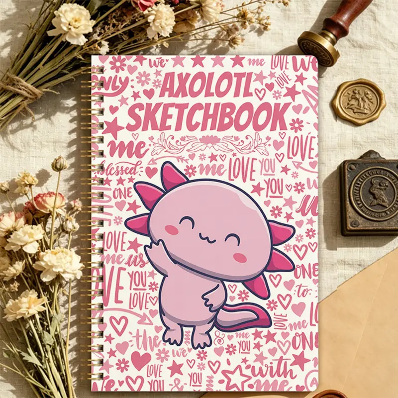 1PC Axolotl Sketchbook, Cute Pink Axolotl Themed Stationery Notebook with Lovely Pattern, Perfect for Daily Journaling, Sketching, Doodling and Note-Ta