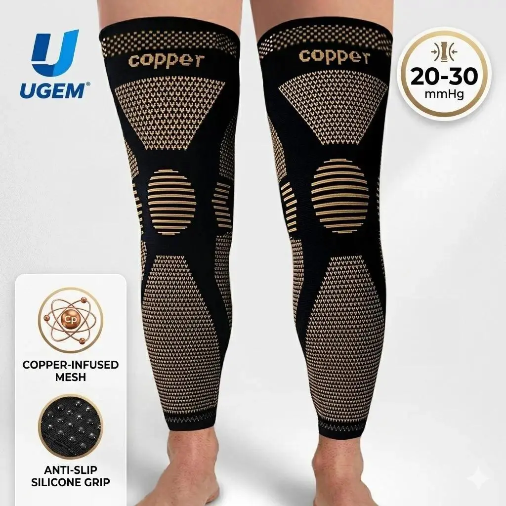 Copper Fiber Full Length Leg Compression Sleeves, 20-30mmHg Graduated Support, 4-Way Stretch, Secure Hold Non-Slip Grip for Varicose Veins Relief & Active Recovery, Size M