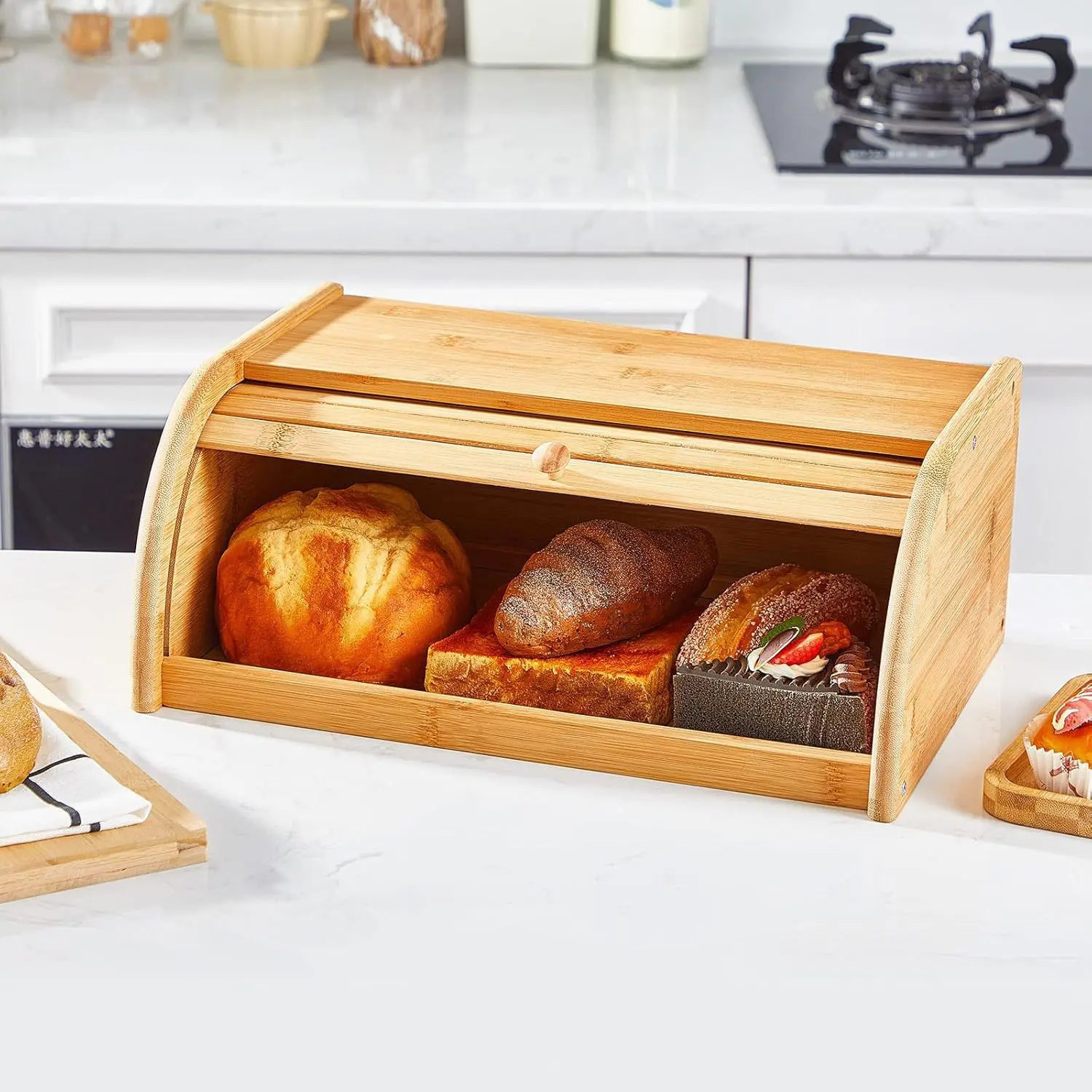 Bamboo Bread Box for Kitchen Counter, Large Wooden Food Storage Container with Roll Lid, Vintage Storage Box for Bagels, Muffins, Cupcakes, Cookies, Food Containers Storage