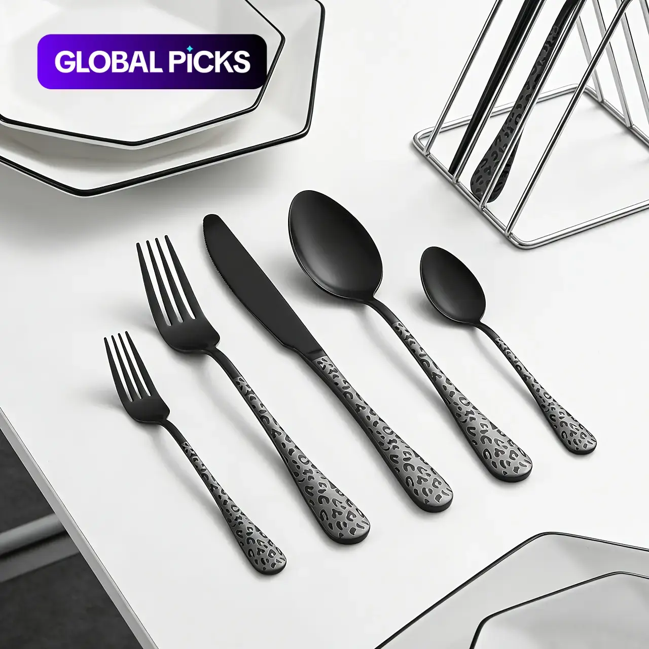 30pcs Stainless Steel Cutlery Set, Laser Leopard Pattern, Dishwasher Safe, Polished Finish, Includes Spoons, Forks, Knives, Stylish Tableware Set