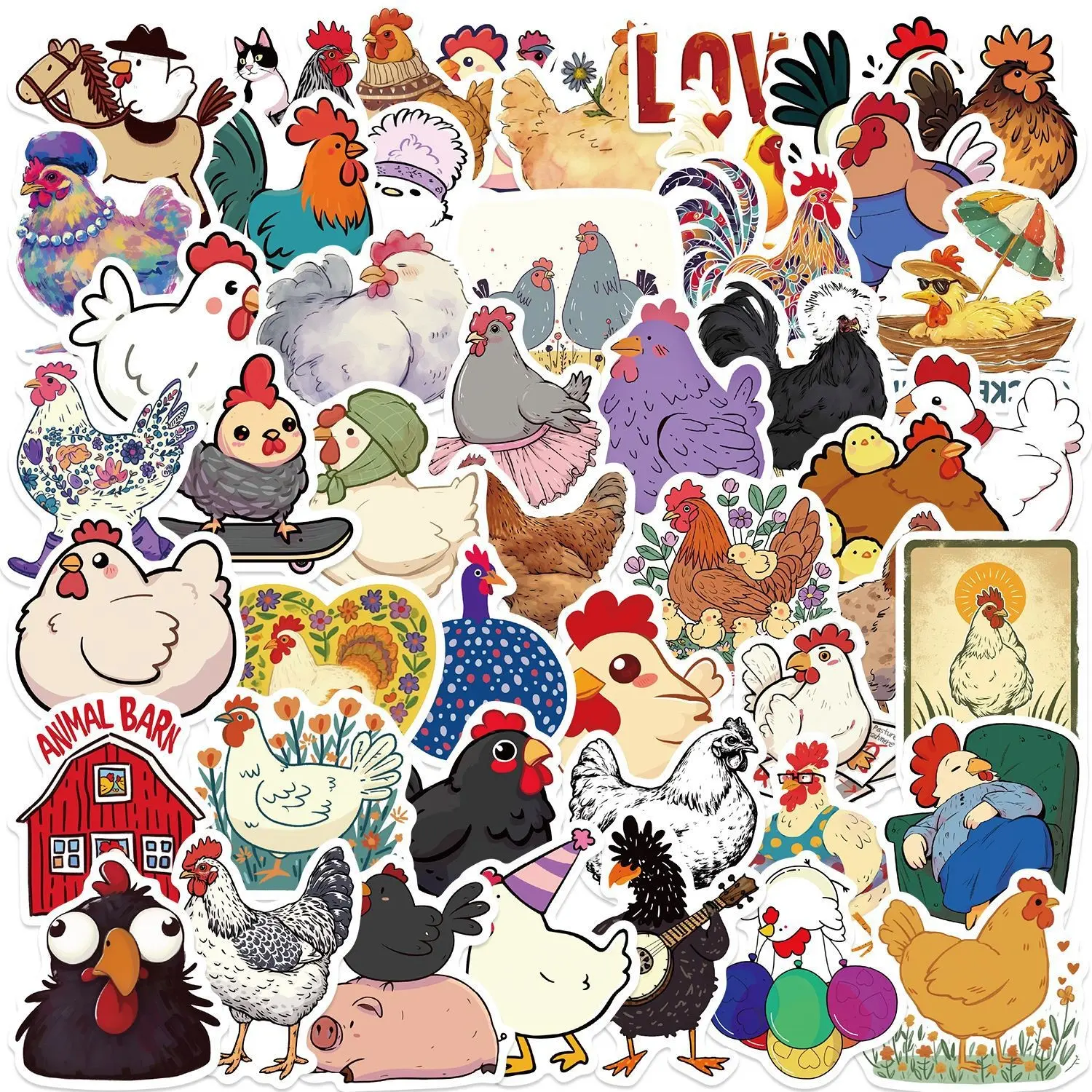 50 Cartoon Colorful Chicken Stickers, Sticker Set, Personalized Decorative Stickers for Guitar, Notebook, Luggage, DIY Waterproof Journal
