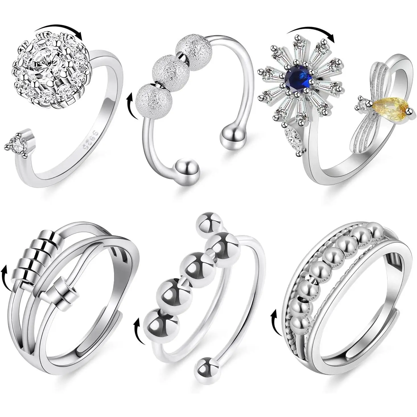 6PCS Anti Anxiety Fidget Ring for Women, Open Adjustable Ring, CZ Cubic Zirconia Diamond Rings, Rotatable Bead Rings, Bee Daisy Rings Set for Women Stress Relieffidget toys